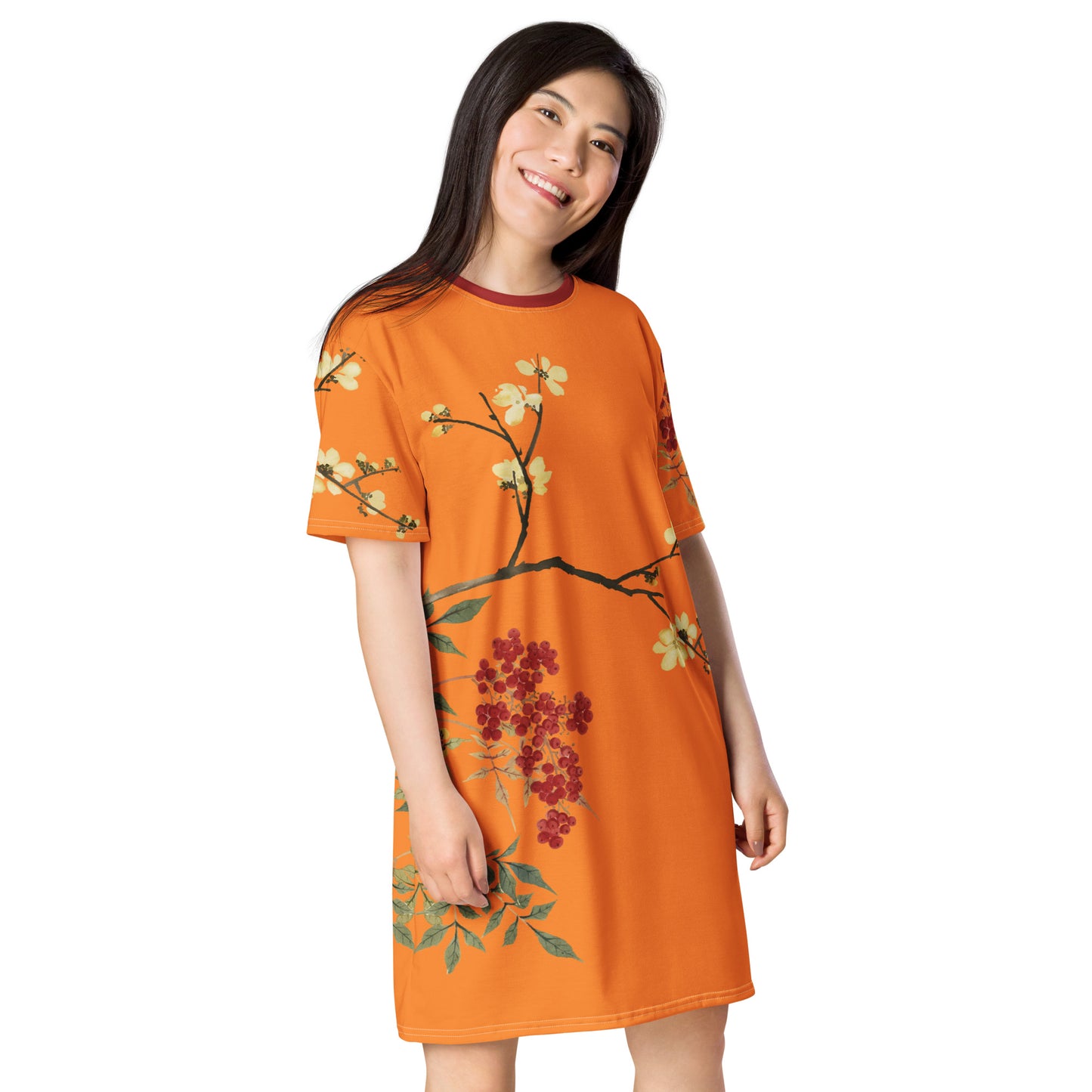 The Spirit of Flowers in Twelve Months｜Blooming Wintersweet and Heavenly Bamboo｜T-shirt dress｜Orange