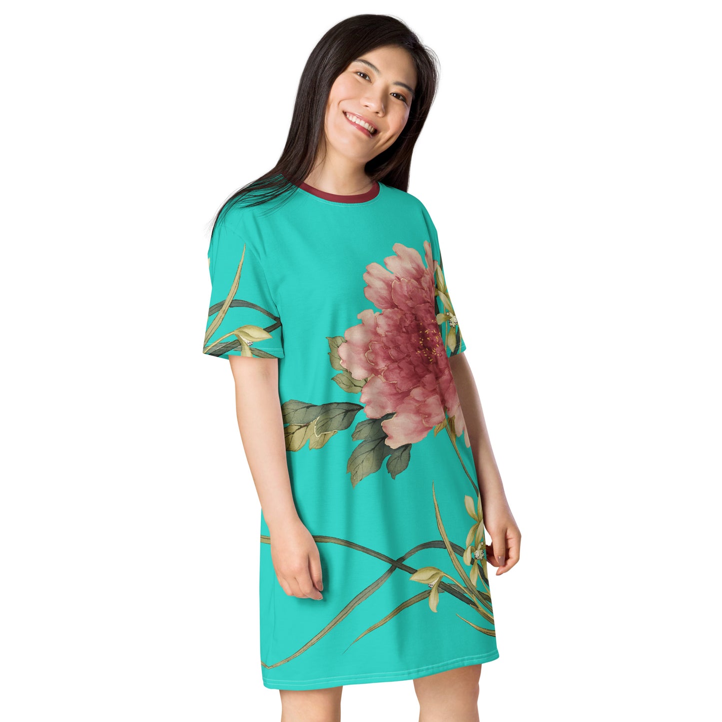 The Spirit of Flowers in Twelve Months｜Orchid and Tree Peony in Bloom｜T-shirt dress｜Turquoise