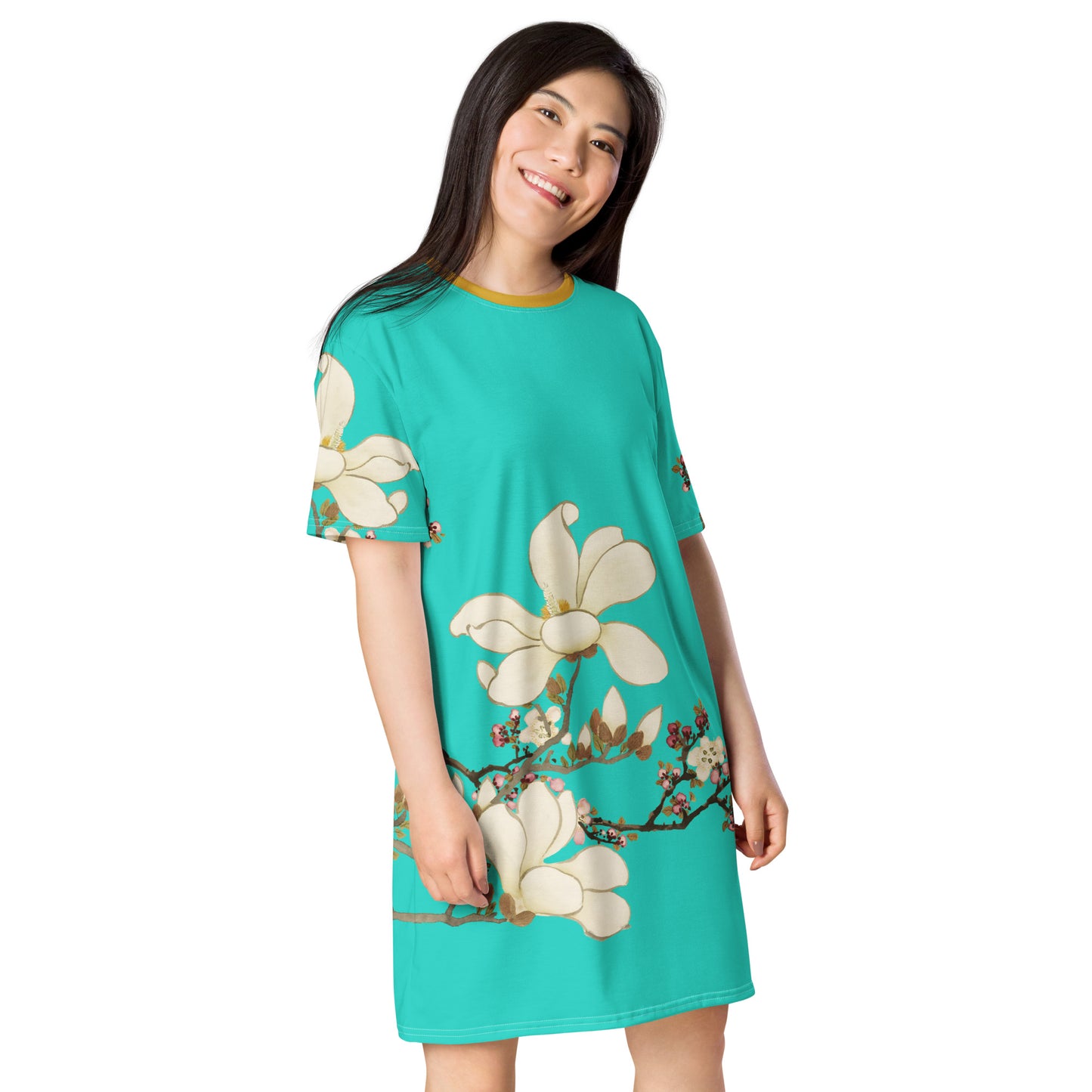 The Spirit of Flowers in Twelve Months｜Apricot and Lily Magnolia in Blossom｜T-shirt dress｜Turquoise