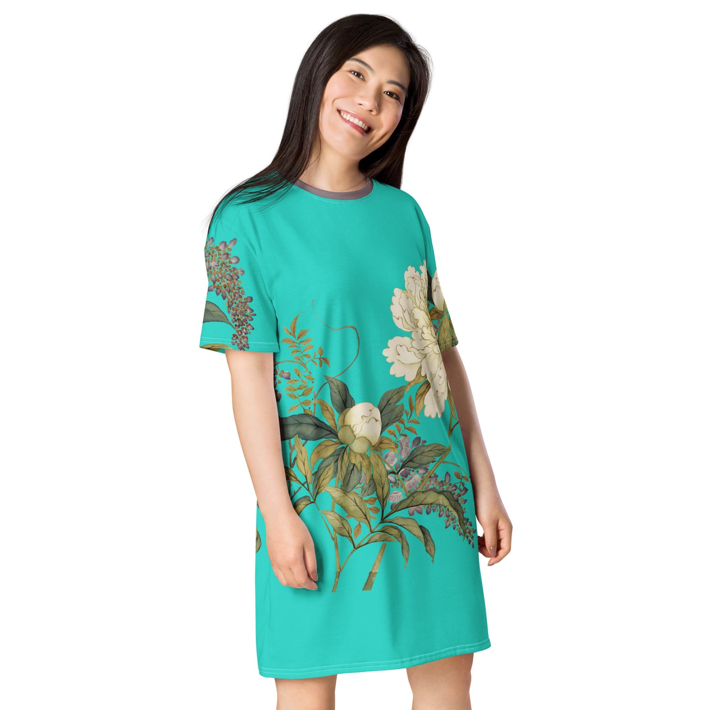 The Spirit of Flowers in Twelve Months｜Chinese Peony and Wisteria in Bloom｜T-shirt dress｜Turquoise