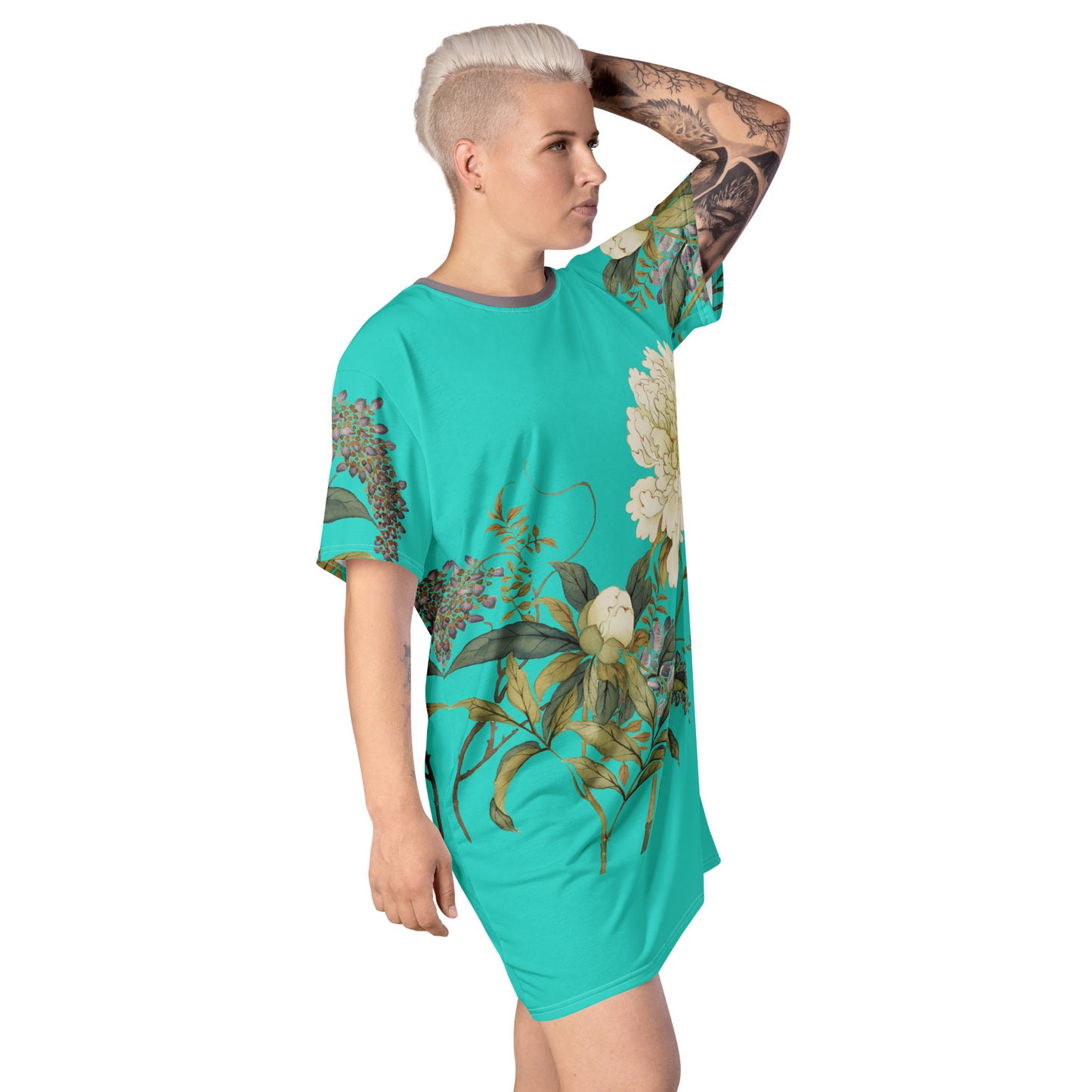 The Spirit of Flowers in Twelve Months｜Chinese Peony and Wisteria in Bloom｜T-shirt dress｜Turquoise