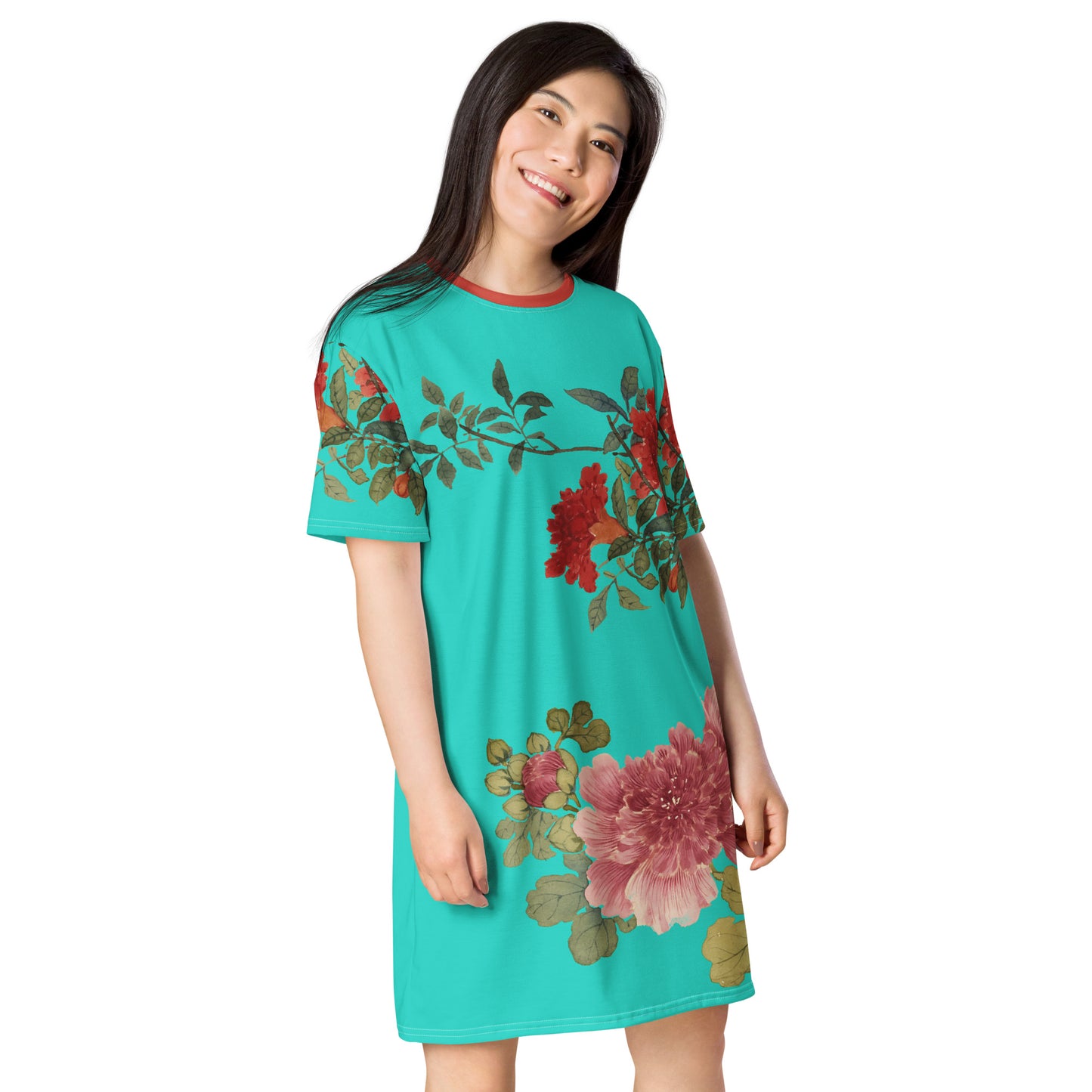 The Spirit of Flowers in Twelve Months｜Hollyhock and Pomegranate in Bloom｜T-shirt dress｜Turquoise