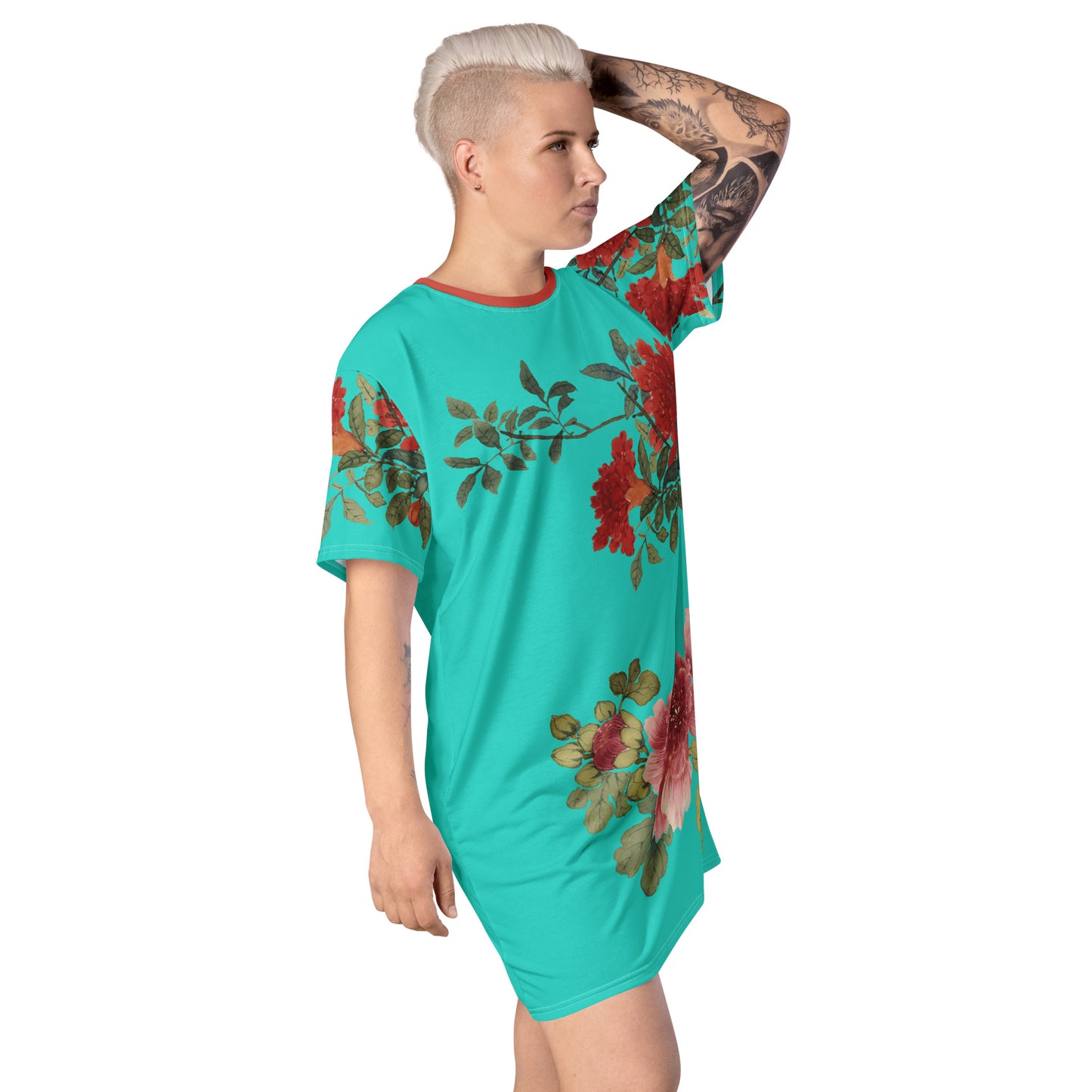 The Spirit of Flowers in Twelve Months｜Hollyhock and Pomegranate in Bloom｜T-shirt dress｜Turquoise