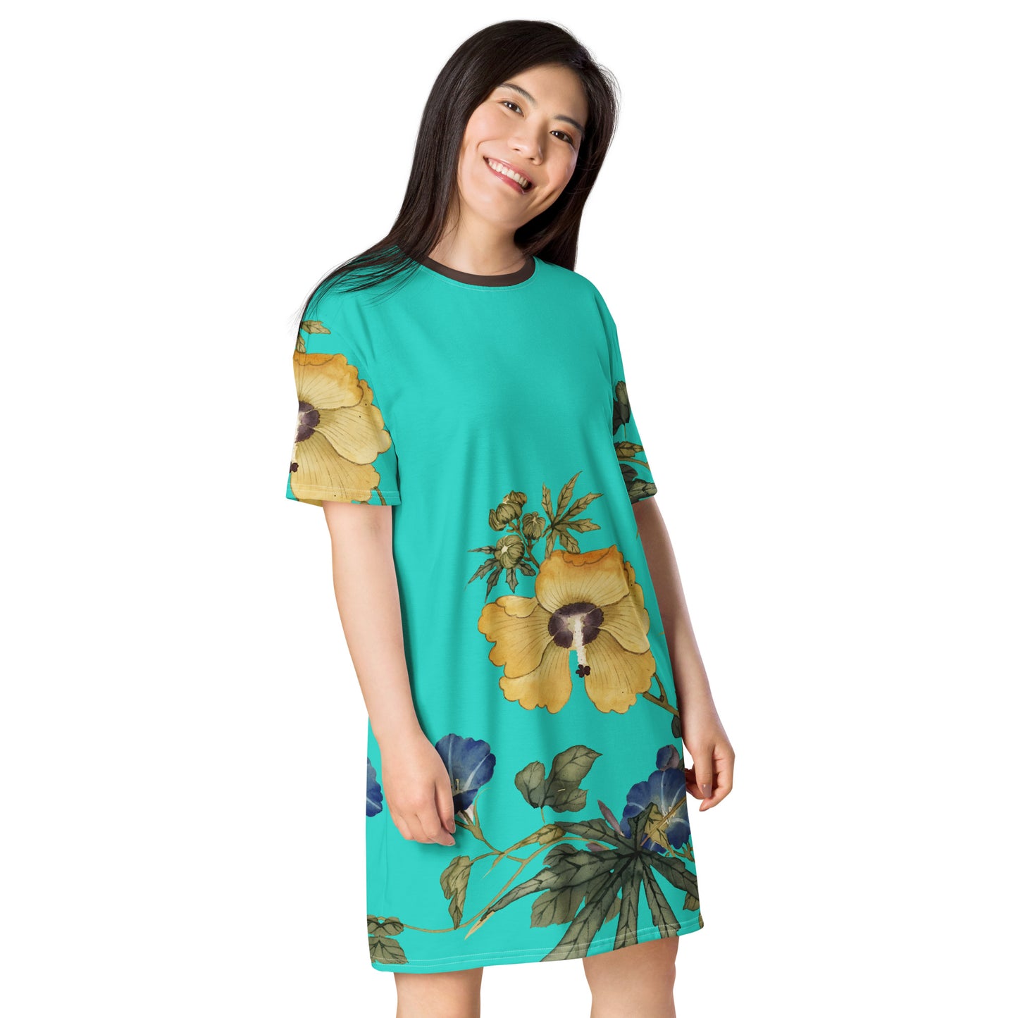 The Spirit of Flowers in Twelve Months｜Okra and White-edged Morning Glory in Bloom｜T-shirt dress｜Turquoise