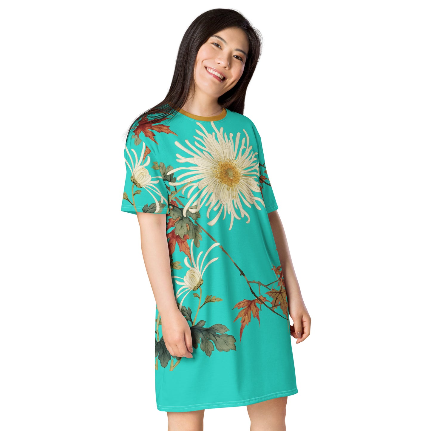 The Spirit of Flowers in Twelve Months｜Blooming Chrysanthemum and Maple Leaves｜T-shirt dress｜Turquoise