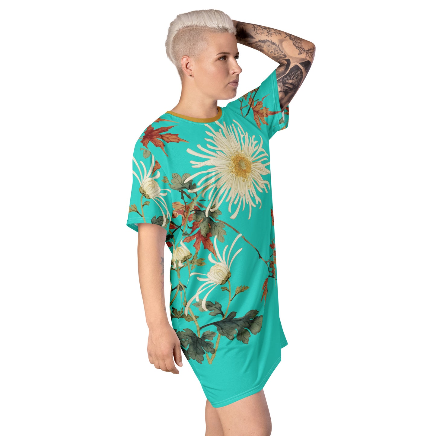 The Spirit of Flowers in Twelve Months｜Blooming Chrysanthemum and Maple Leaves｜T-shirt dress｜Turquoise