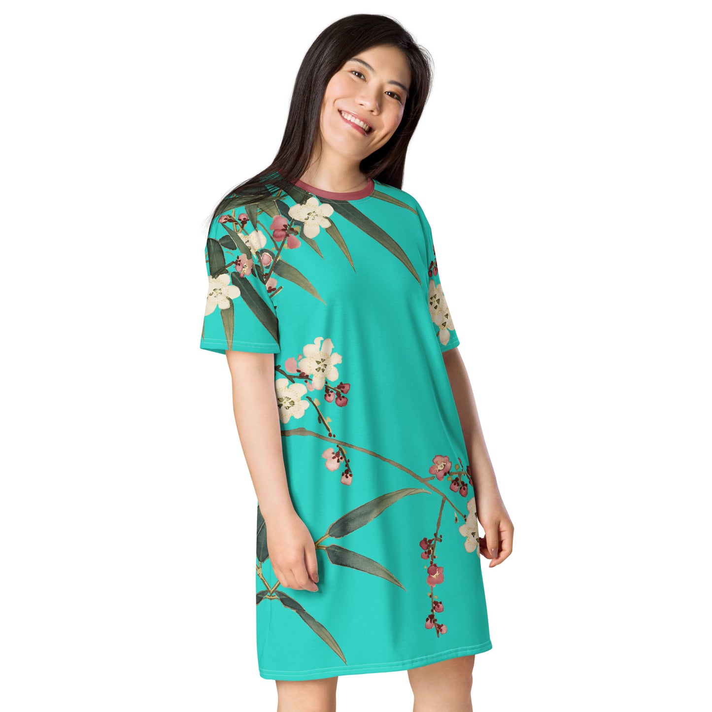 The Spirit of Flowers in Twelve Months｜Crimson Plum Blossom and Lush Green Bamboo｜T-shirt dress｜Turquoise