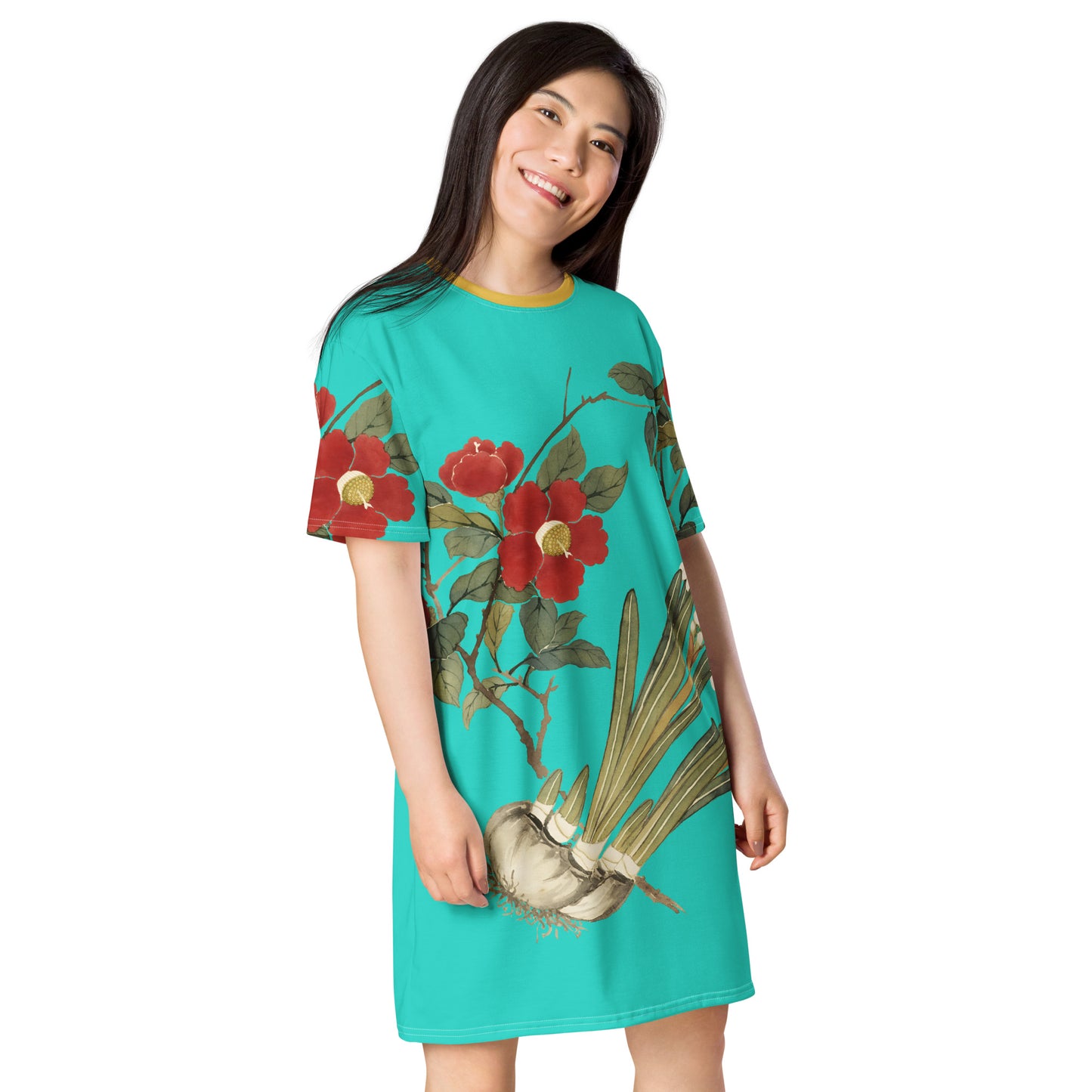 The Spirit of Flowers in Twelve Months｜Narcissus and Camelia in Bloom｜T-shirt dress｜Turquoise