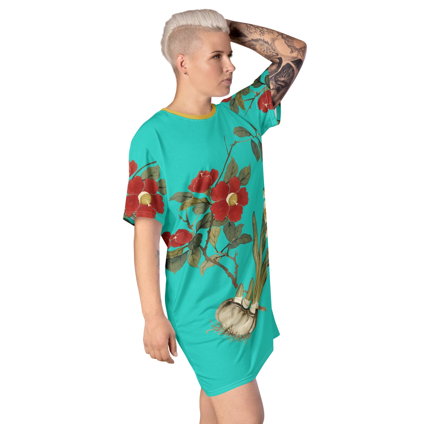 The Spirit of Flowers in Twelve Months｜Narcissus and Camelia in Bloom｜T-shirt dress｜Turquoise