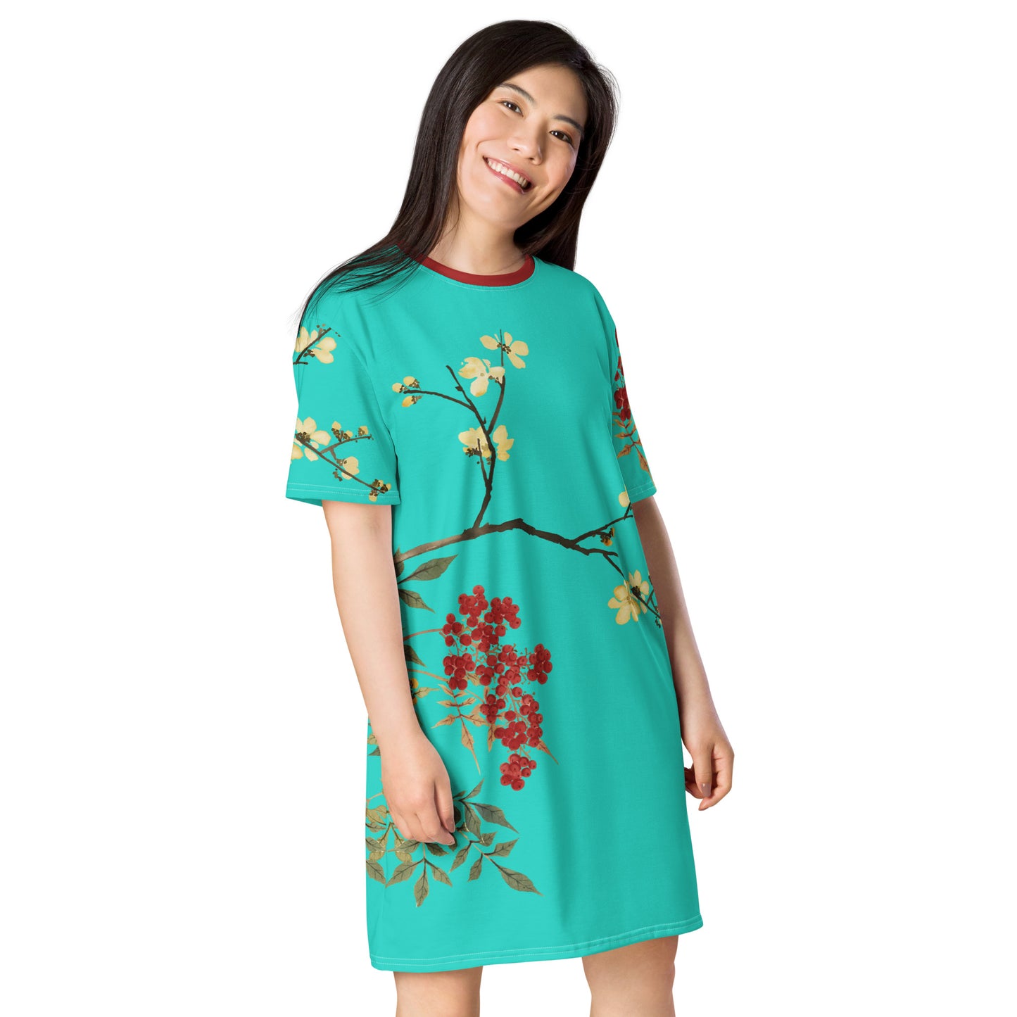 The Spirit of Flowers in Twelve Months｜Blooming Wintersweet and Heavenly Bamboo｜T-shirt dress｜Turquoise