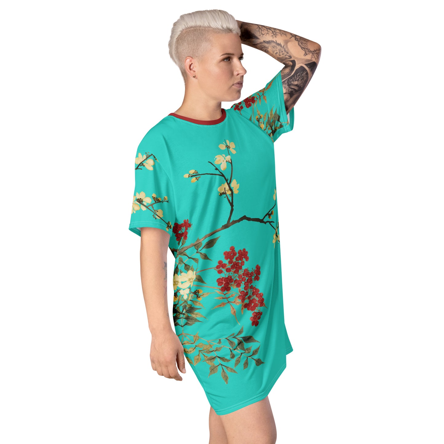 The Spirit of Flowers in Twelve Months｜Blooming Wintersweet and Heavenly Bamboo｜T-shirt dress｜Turquoise