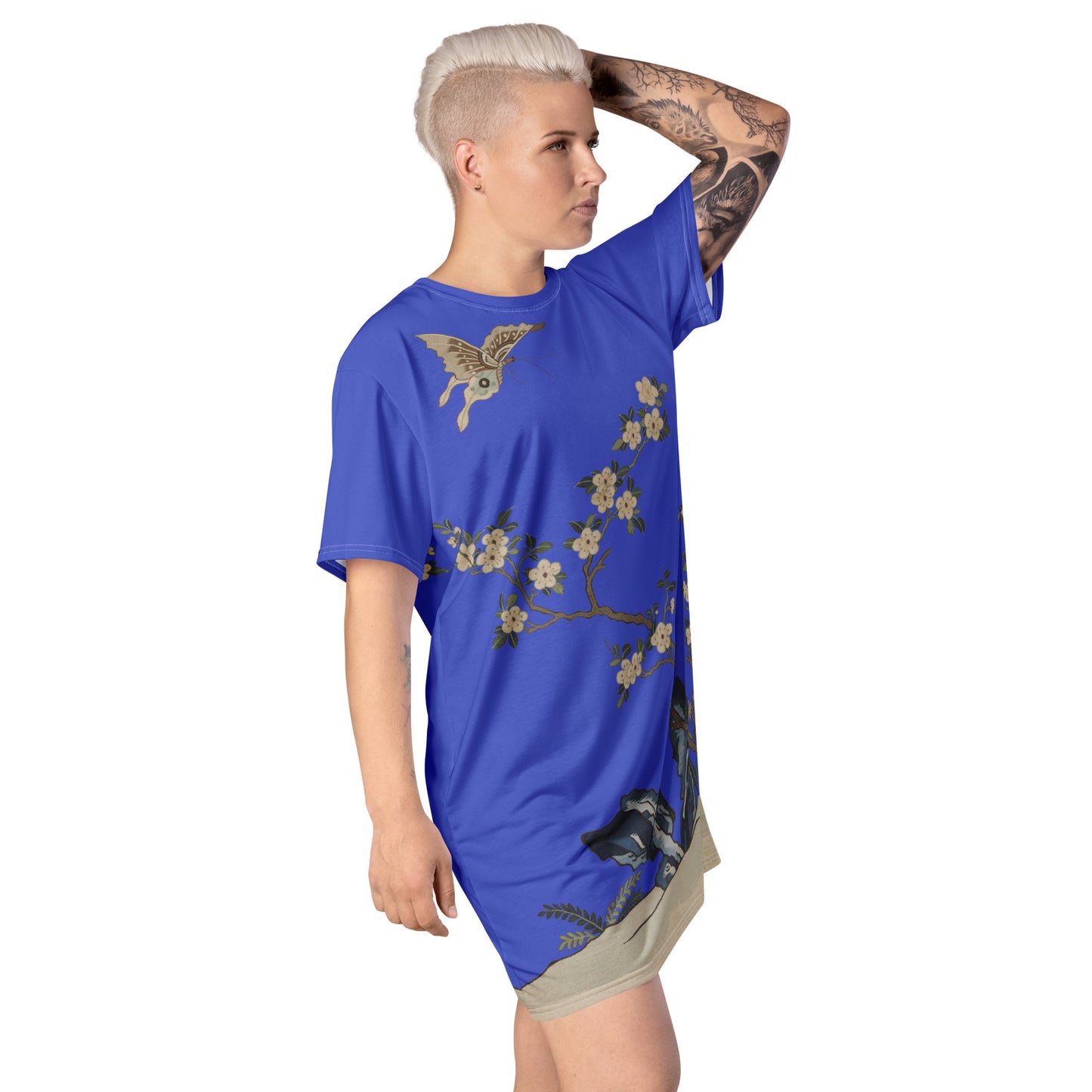 Kesi Flower Album｜White Plum Blossoms and Butterfly｜T-shirt dress｜Royal blue