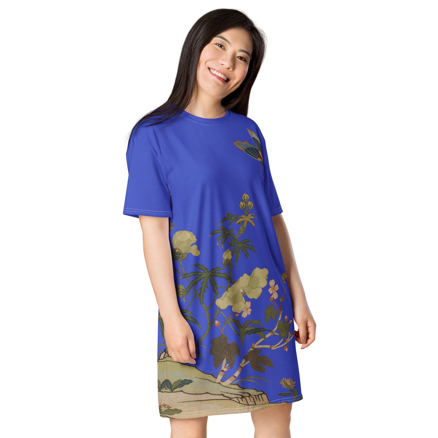 Kesi Flower Album｜Hibiscus and Begonia Blossoms｜T-shirt dress｜Royal blue