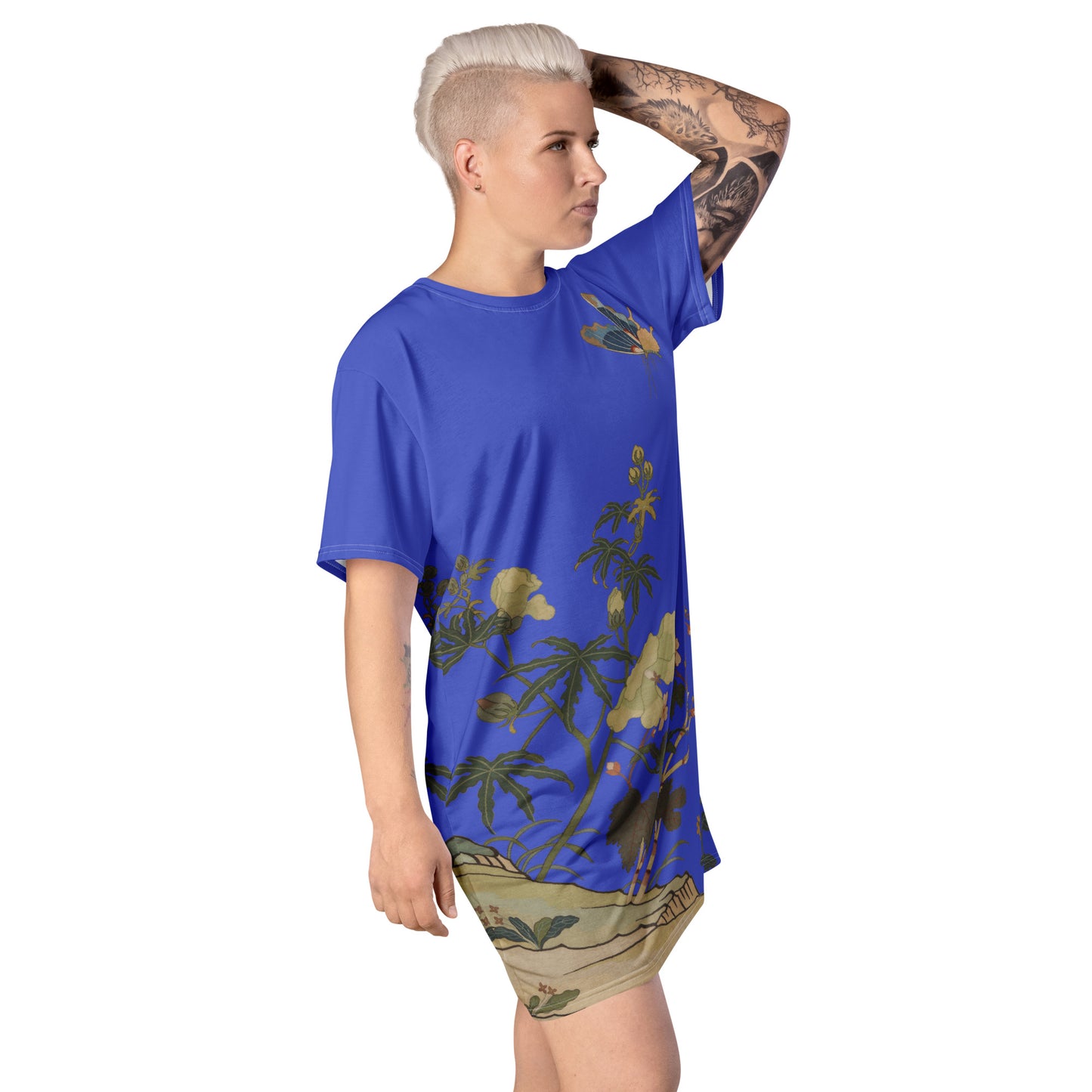 Kesi Flower Album｜Hibiscus and Begonia Blossoms｜T-shirt dress｜Royal blue