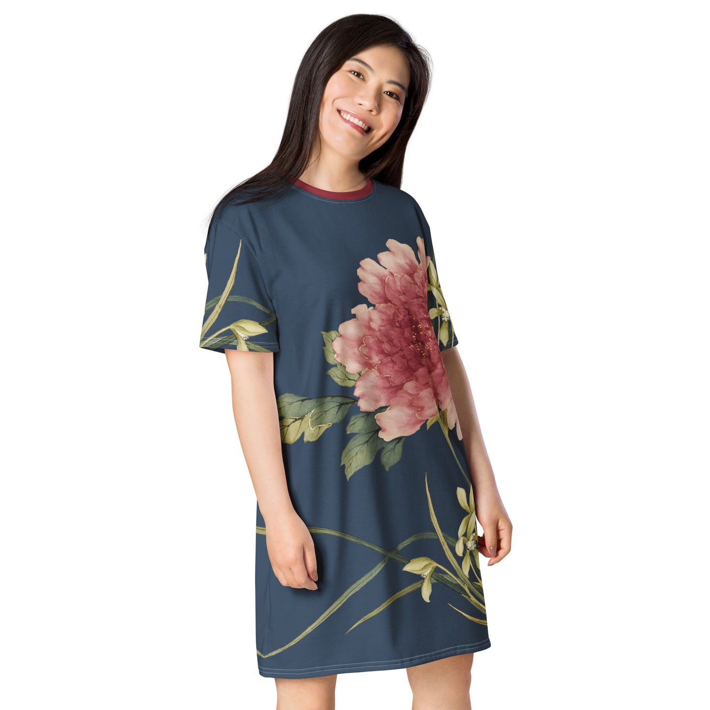 The Spirit of Flowers in Twelve Months｜Orchid and Tree Peony in Bloom｜T-shirt dress｜Dark blue