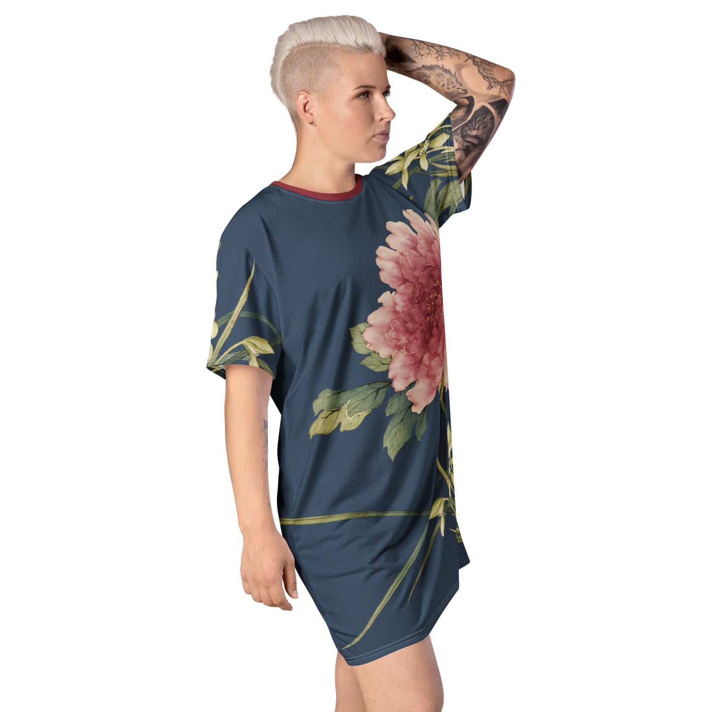 The Spirit of Flowers in Twelve Months｜Orchid and Tree Peony in Bloom｜T-shirt dress｜Dark blue