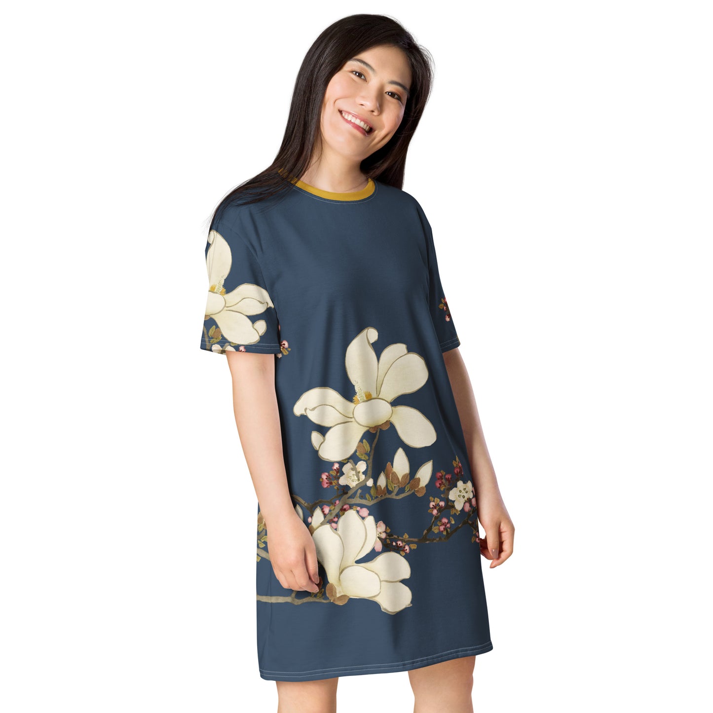 The Spirit of Flowers in Twelve Months｜Apricot and Lily Magnolia in Blossom｜T-shirt dress｜Dark blue