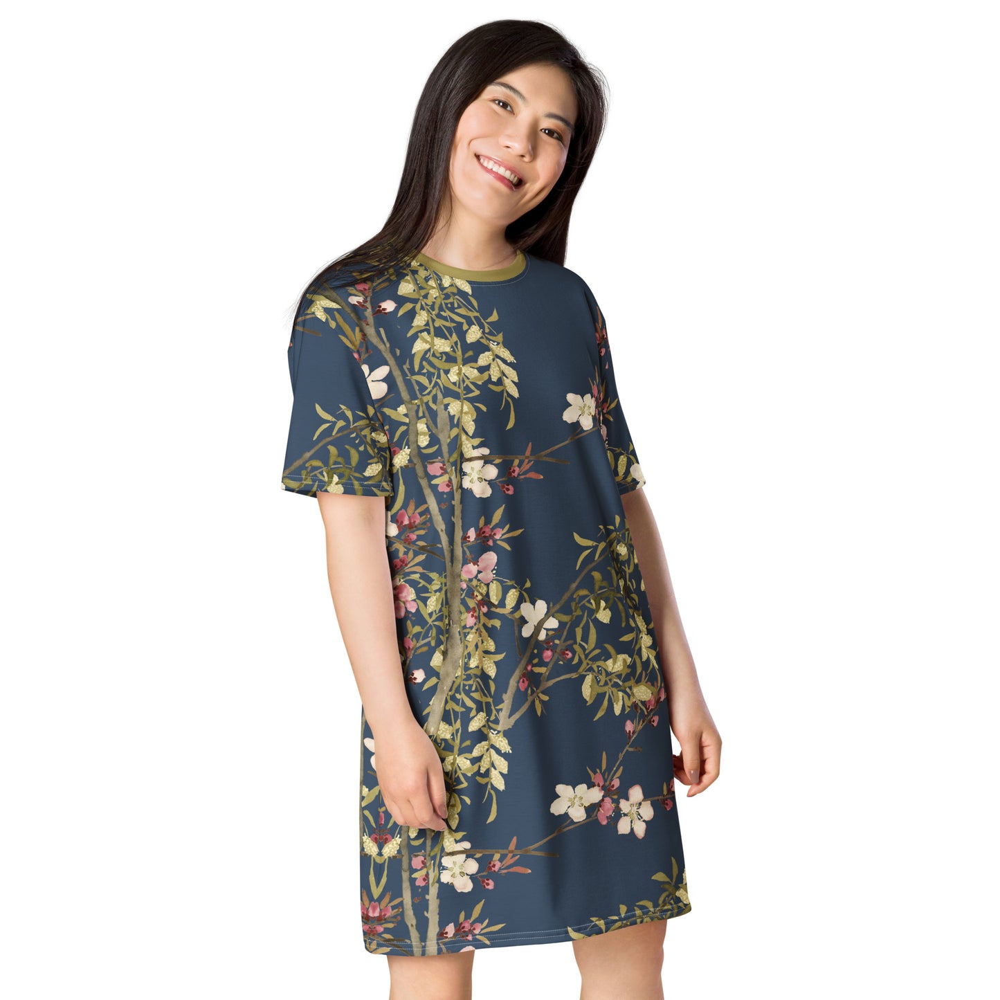 The Spirit of Flowers in Twelve Months｜Willow and Peach Blossom｜T-shirt dress｜Dark blue