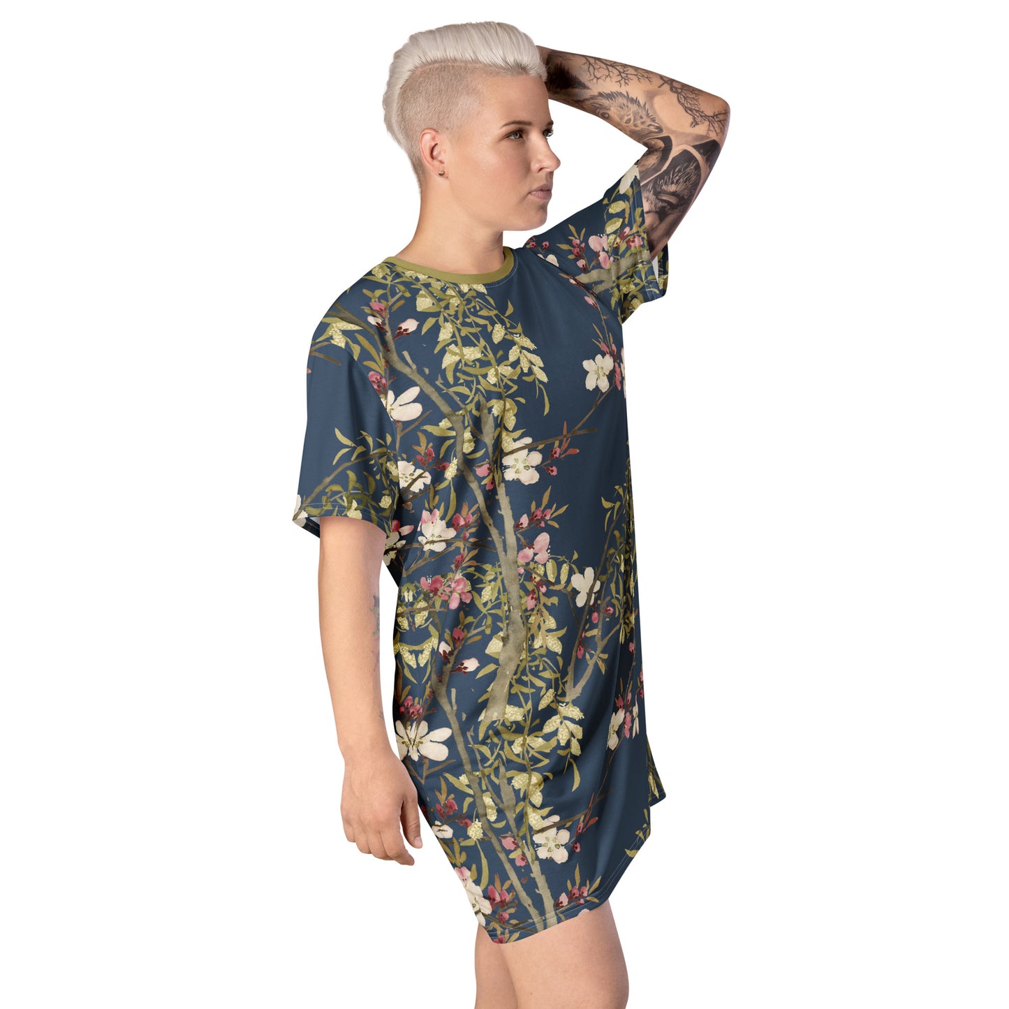 The Spirit of Flowers in Twelve Months｜Willow and Peach Blossom｜T-shirt dress｜Dark blue