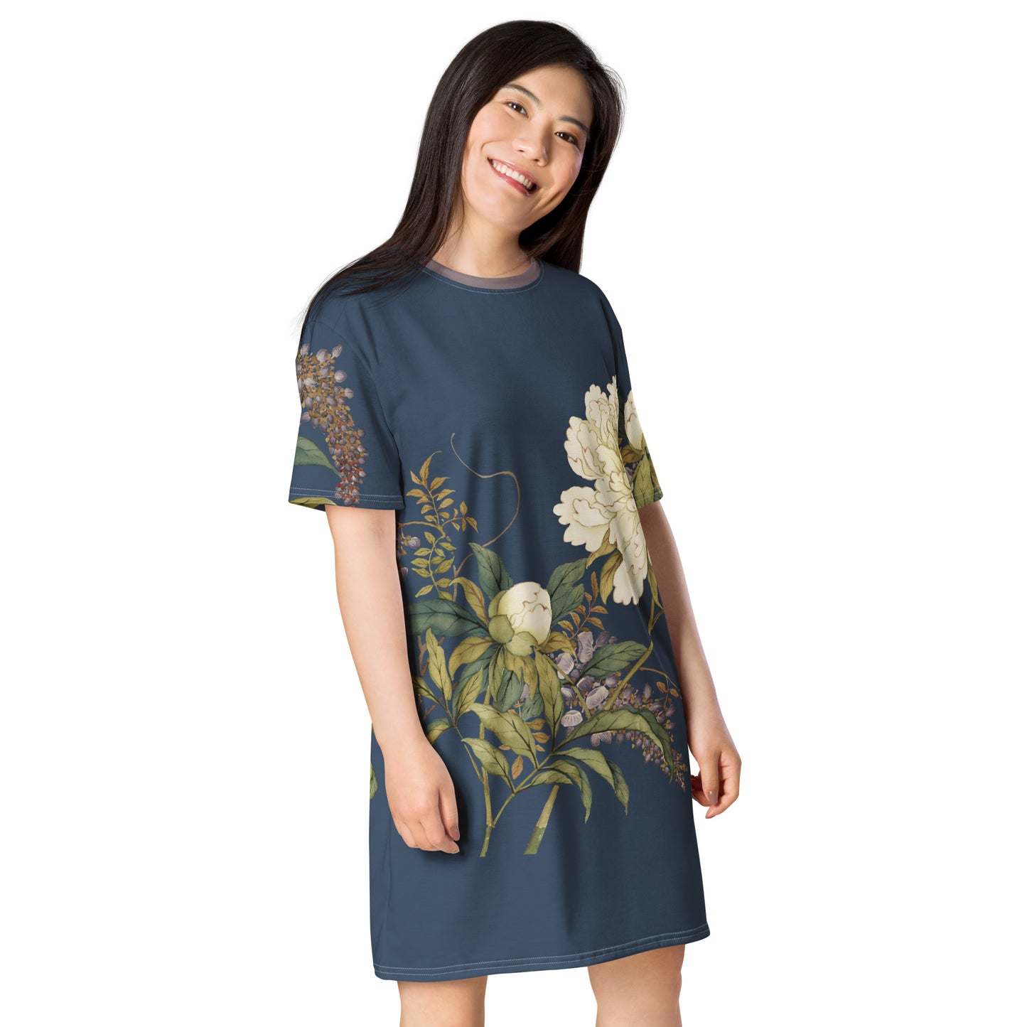 12月の花神様｜Chinese Peony and Wisteria in Bloom｜Tシャツドレス｜Dark blue