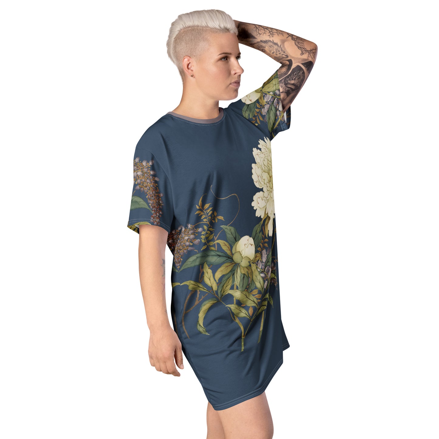 The Spirit of Flowers in Twelve Months｜Chinese Peony and Wisteria in Bloom｜T-shirt dress｜Dark blue