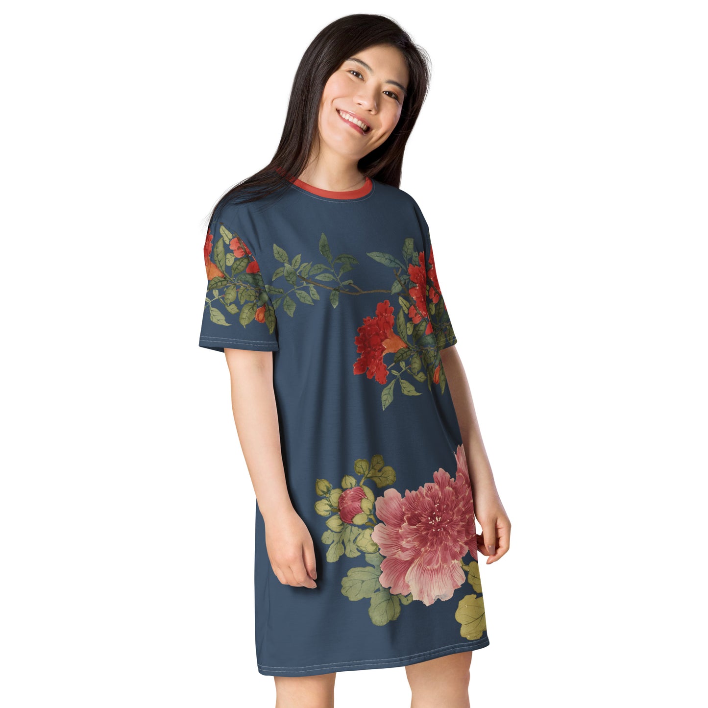 The Spirit of Flowers in Twelve Months｜Hollyhock and Pomegranate in Bloom｜T-shirt dress｜Dark blue