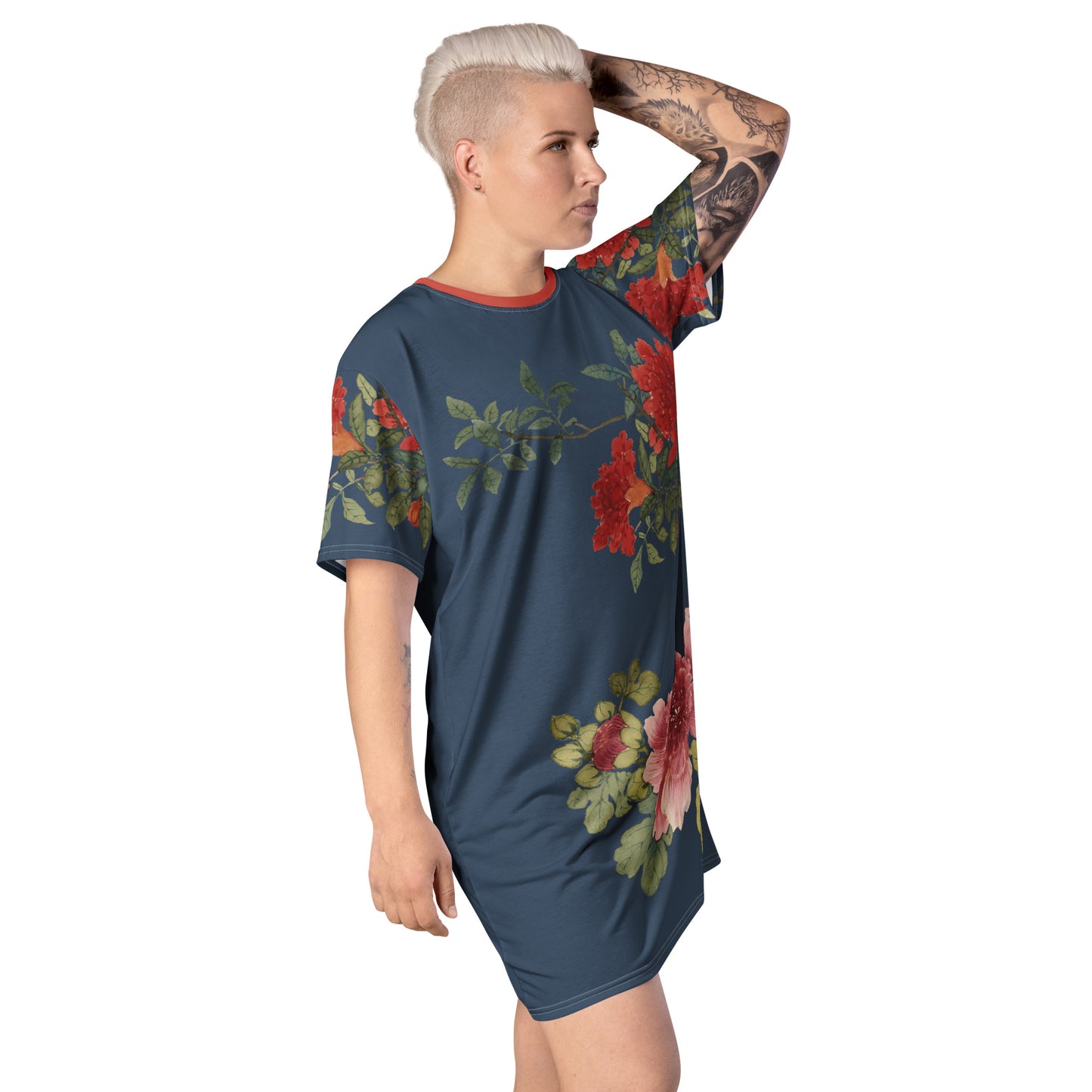 The Spirit of Flowers in Twelve Months｜Hollyhock and Pomegranate in Bloom｜T-shirt dress｜Dark blue