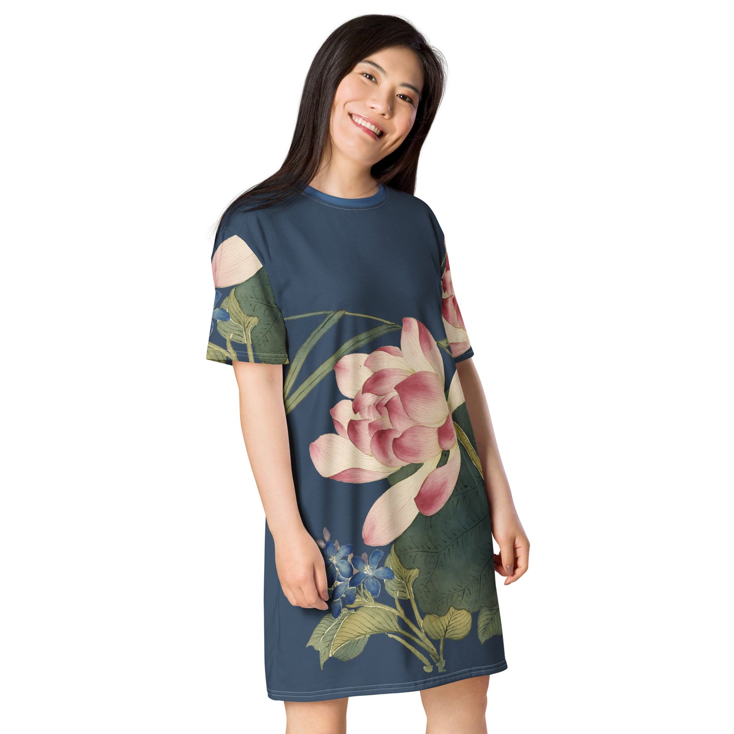 The Spirit of Flowers in Twelve Months｜Lotus in Bloom｜T-shirt dress｜Dark blue