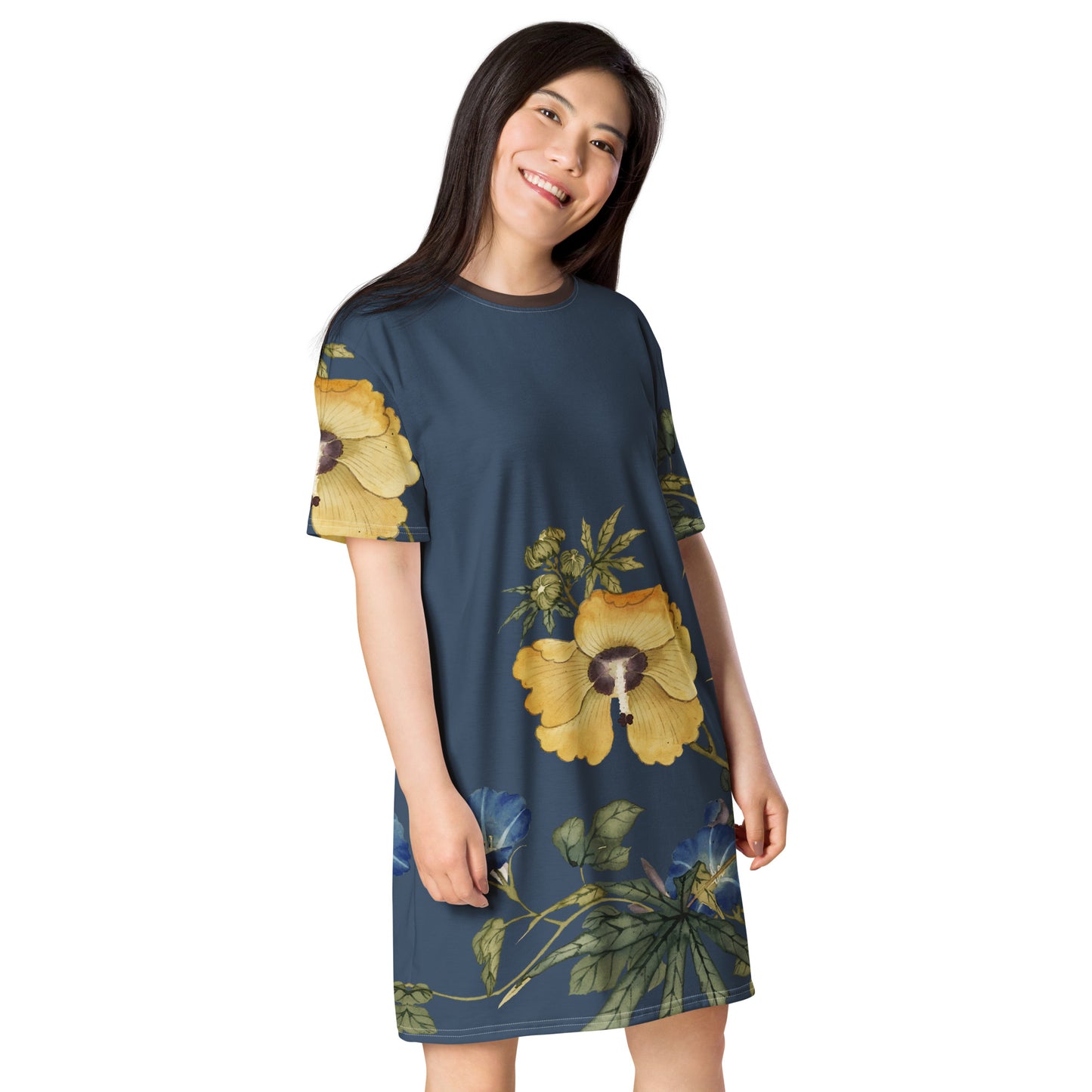 The Spirit of Flowers in Twelve Months｜Okra and White-edged Morning Glory in Bloom｜T-shirt dress｜Dark blue