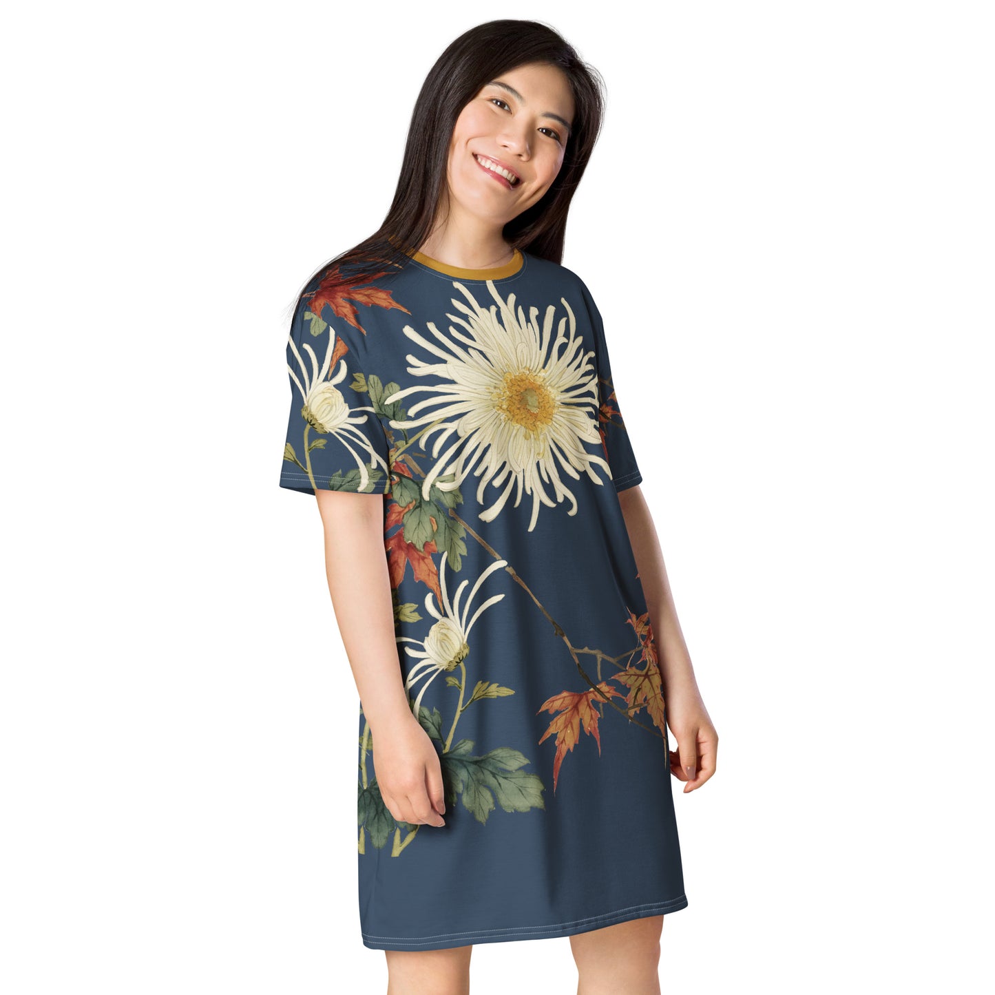 12月の花神様｜Blooming Chrysanthemum and Maple Leaves｜T-shirt dress｜Dark blue