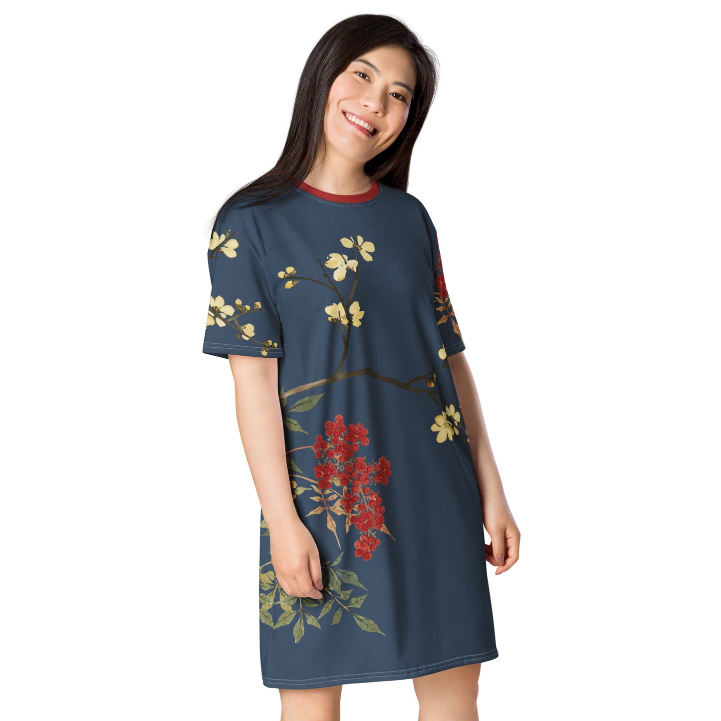 The Spirit of Flowers in Twelve Months｜Blooming Wintersweet and Heavenly Bamboo｜T-shirt dress｜Dark blue