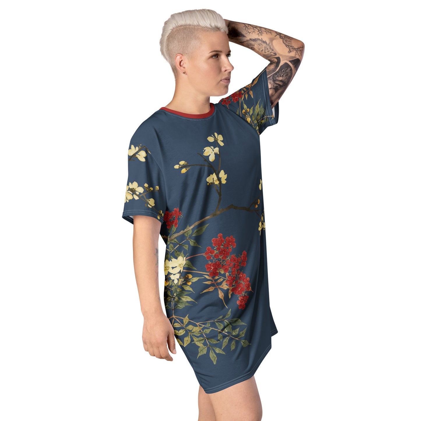 The Spirit of Flowers in Twelve Months｜Blooming Wintersweet and Heavenly Bamboo｜T-shirt dress｜Dark blue