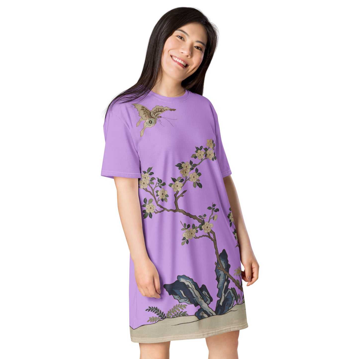 Kesi Flower Album｜White Plum Blossoms and Butterfly｜T-shirt dress｜Lilac