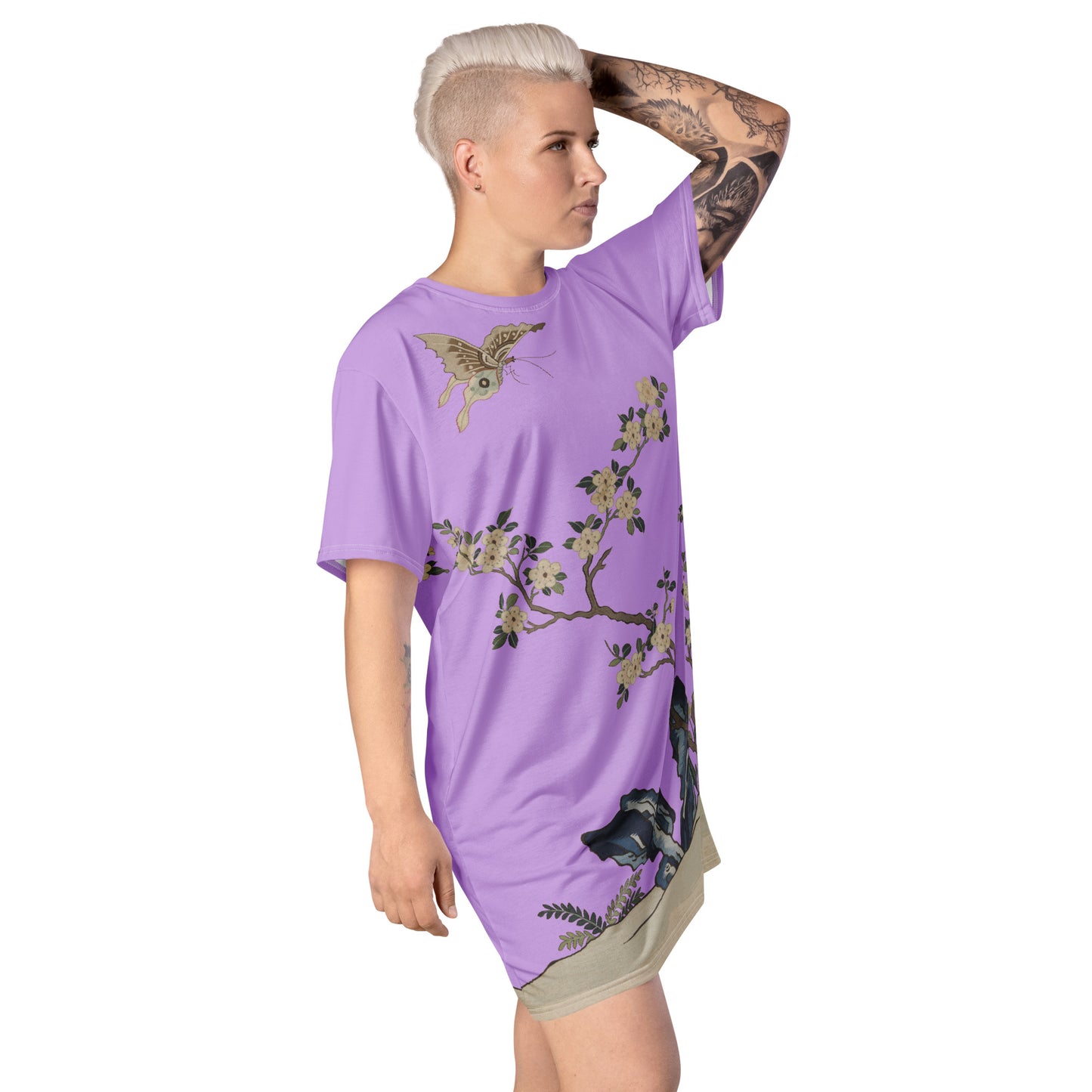 Kesi Flower Album｜White Plum Blossoms and Butterfly｜T-shirt dress｜Lilac