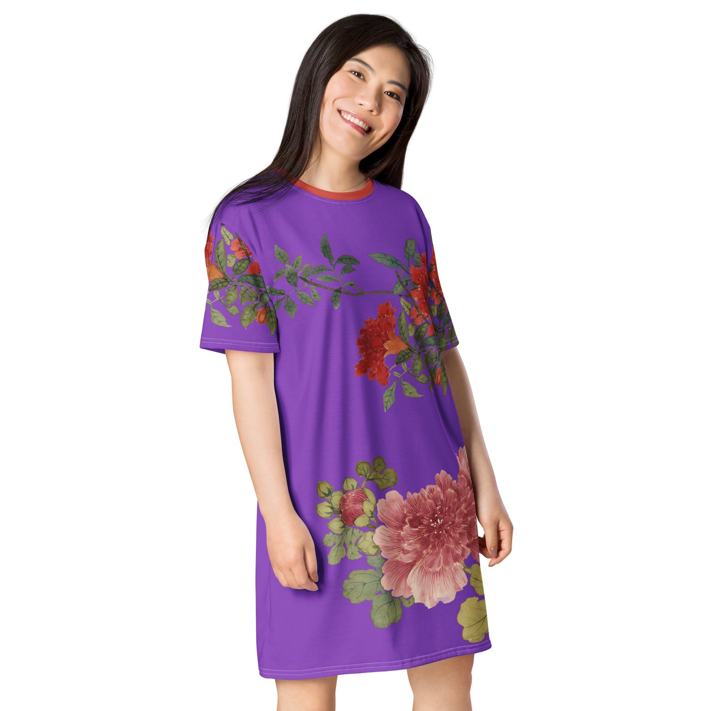 The Spirit of Flowers in Twelve Months｜Hollyhock and Pomegranate in Bloom｜T-shirt dress｜Purple