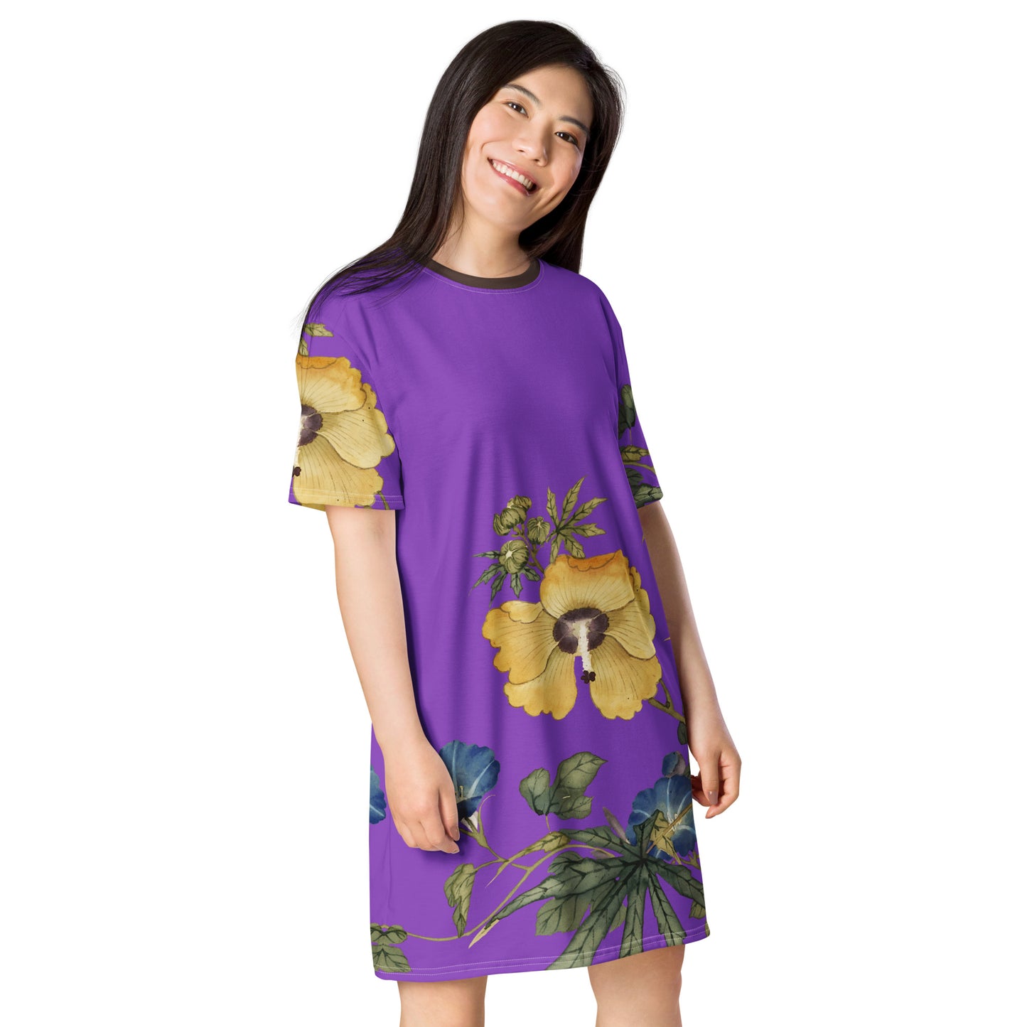 The Spirit of Flowers in Twelve Months｜Okra and White-edged Morning Glory in Bloom｜T-shirt dress｜Purple