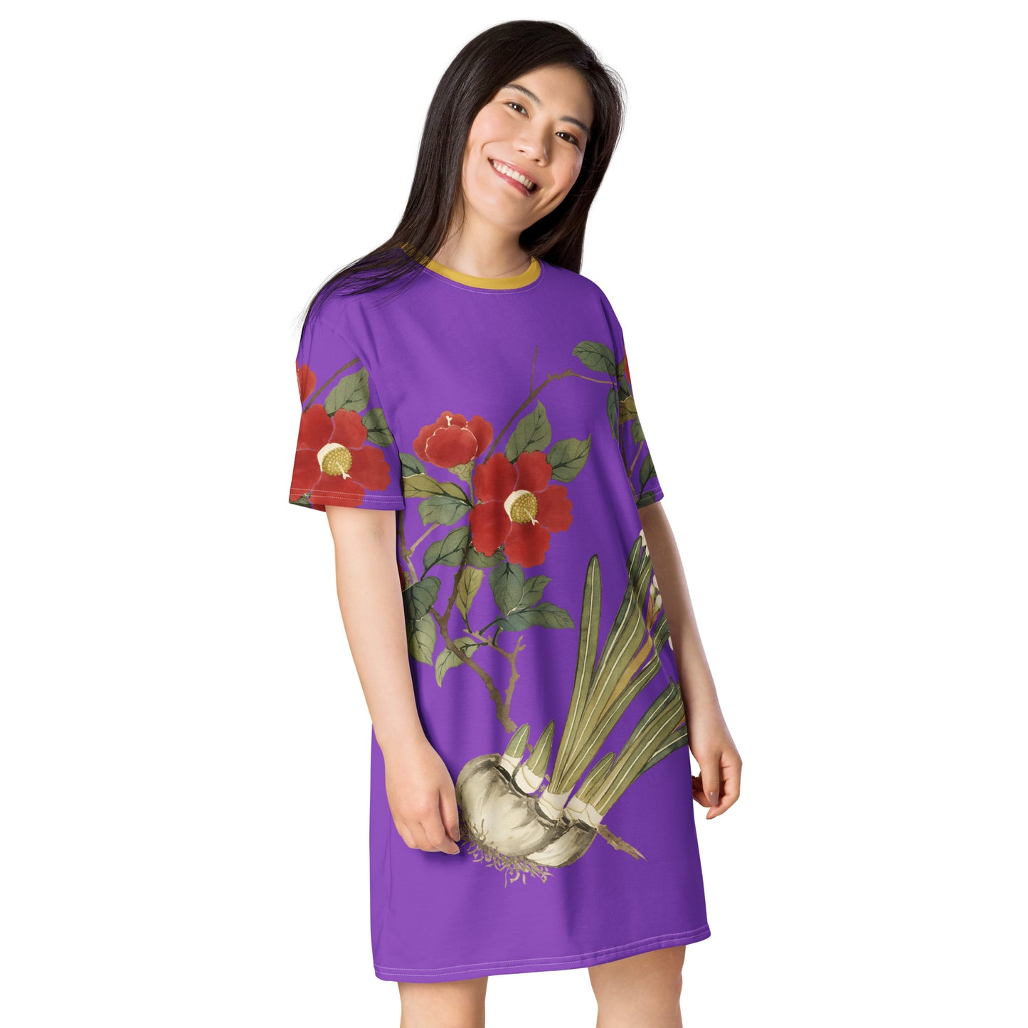 The Spirit of Flowers in Twelve Months｜Narcissus and Camelia in Bloom｜T-shirt dress｜Purple