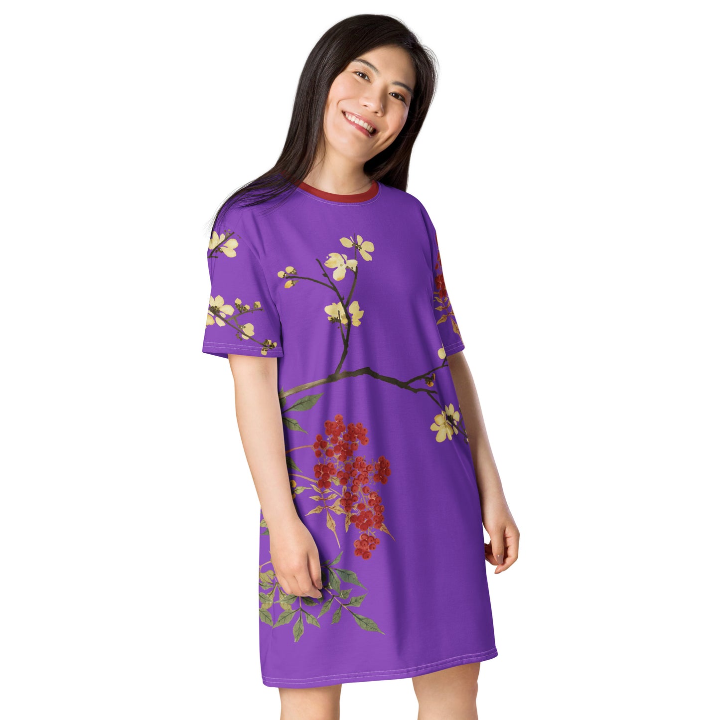 The Spirit of Flowers in Twelve Months｜Blooming Wintersweet and Heavenly Bamboo｜T-shirt dress｜Purple