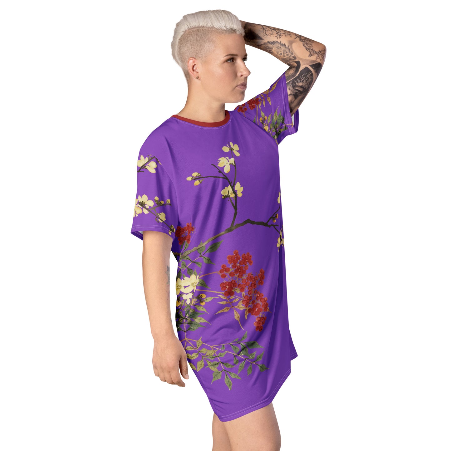 The Spirit of Flowers in Twelve Months｜Blooming Wintersweet and Heavenly Bamboo｜T-shirt dress｜Purple