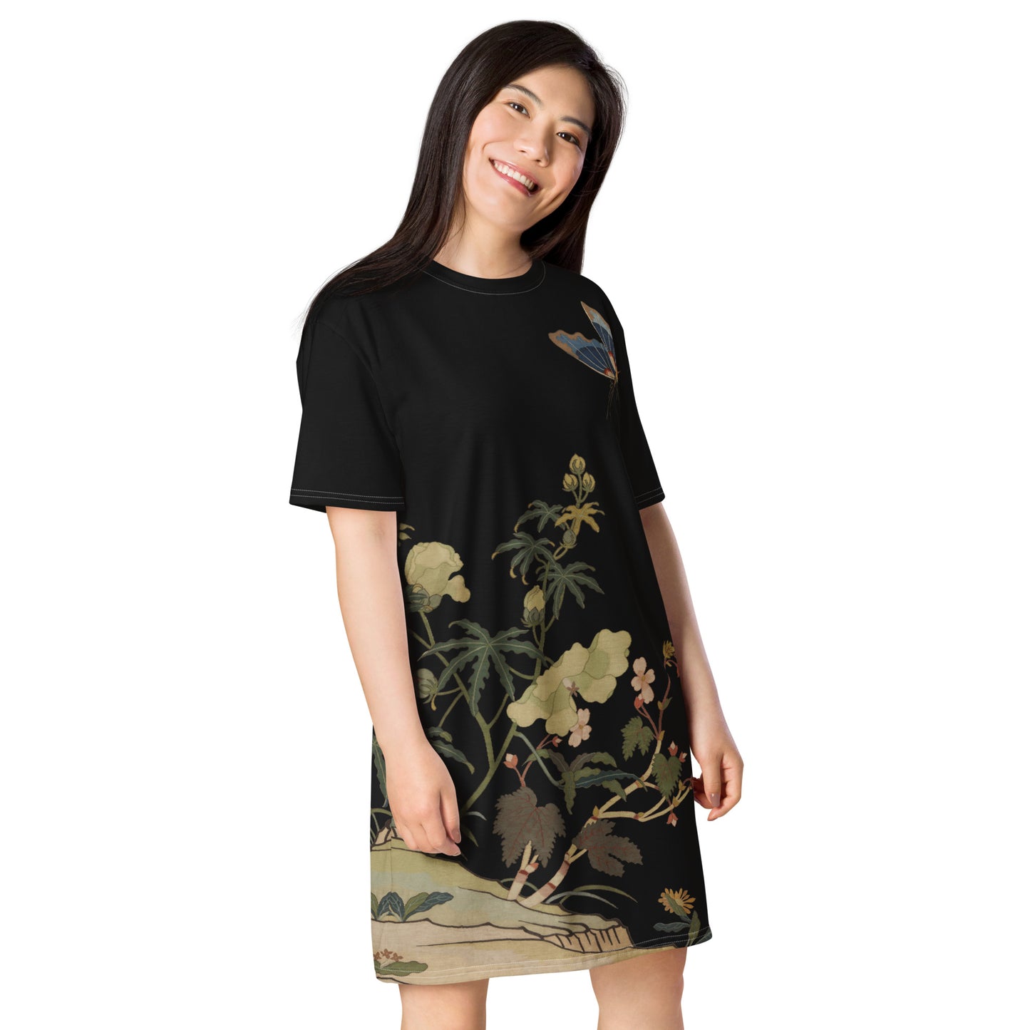 Kesi Flower Album｜Hibiscus and Begonia Blossoms｜T-shirt dress｜Black