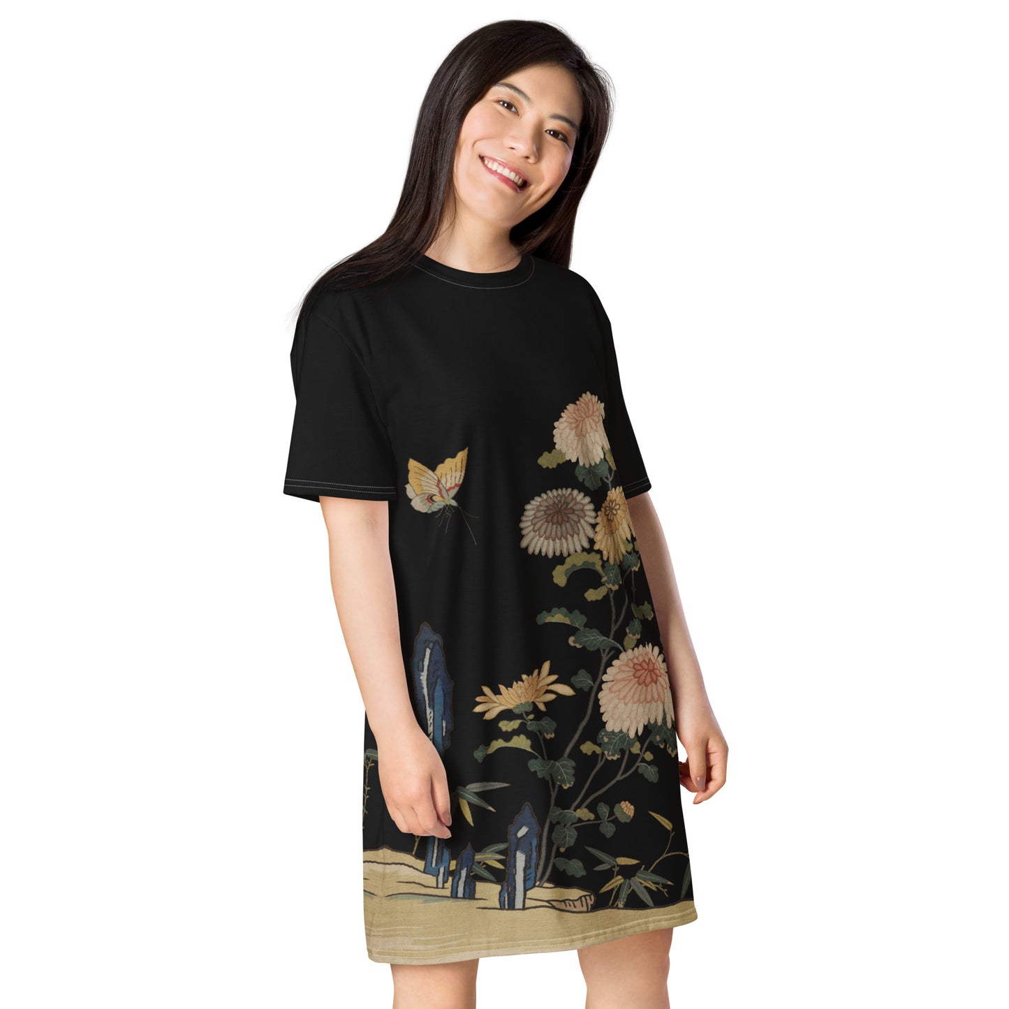 Kesi Flower Album｜Chrysanthemums and Butterflies｜T-shirt dress｜Black