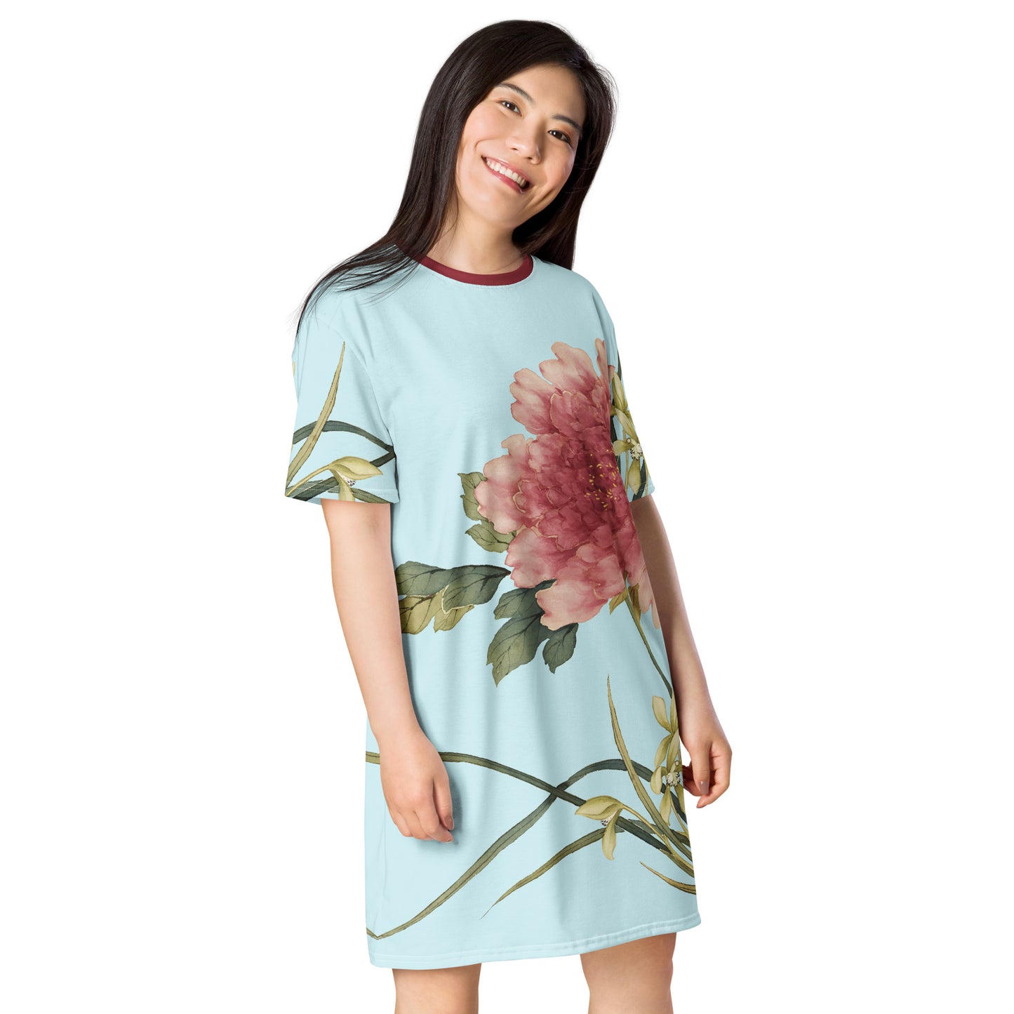 The Spirit of Flowers in Twelve Months｜Orchid and Tree Peony in Bloom｜T-shirt dress｜Aqua blue