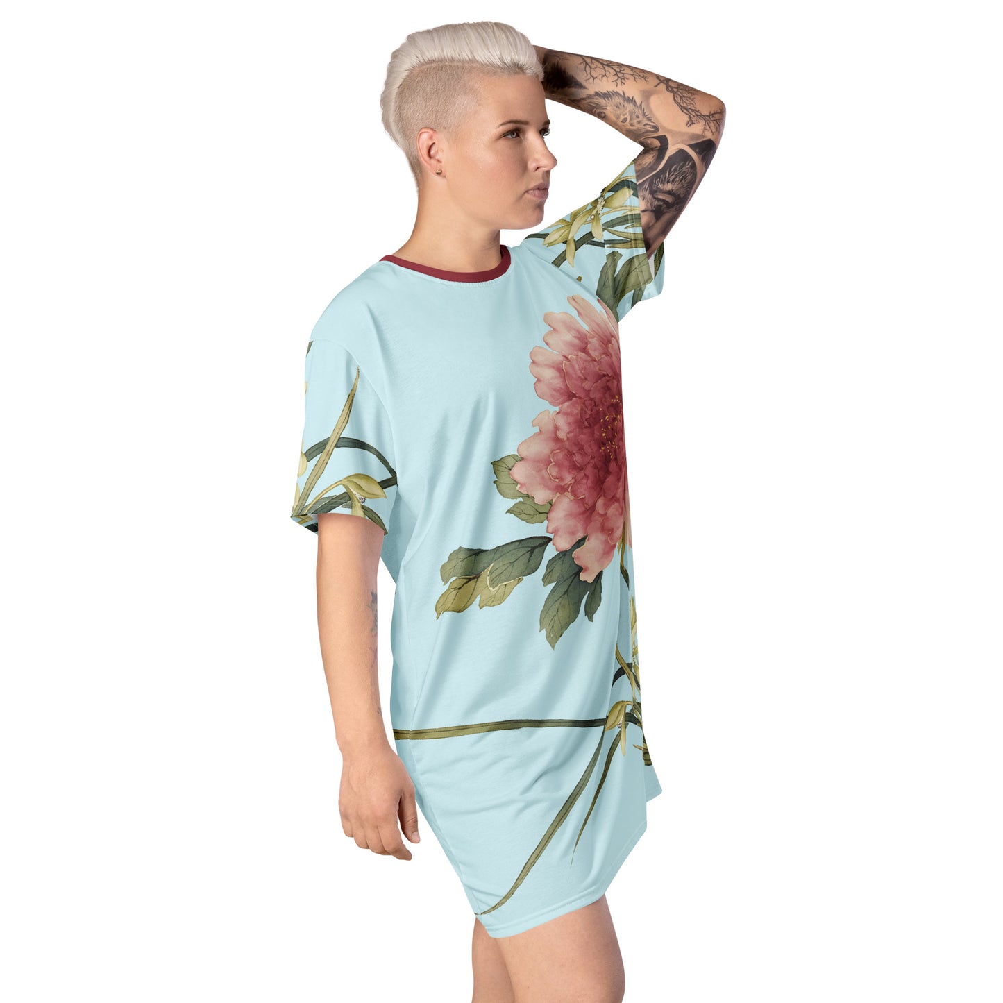 The Spirit of Flowers in Twelve Months｜Orchid and Tree Peony in Bloom｜T-shirt dress｜Aqua blue