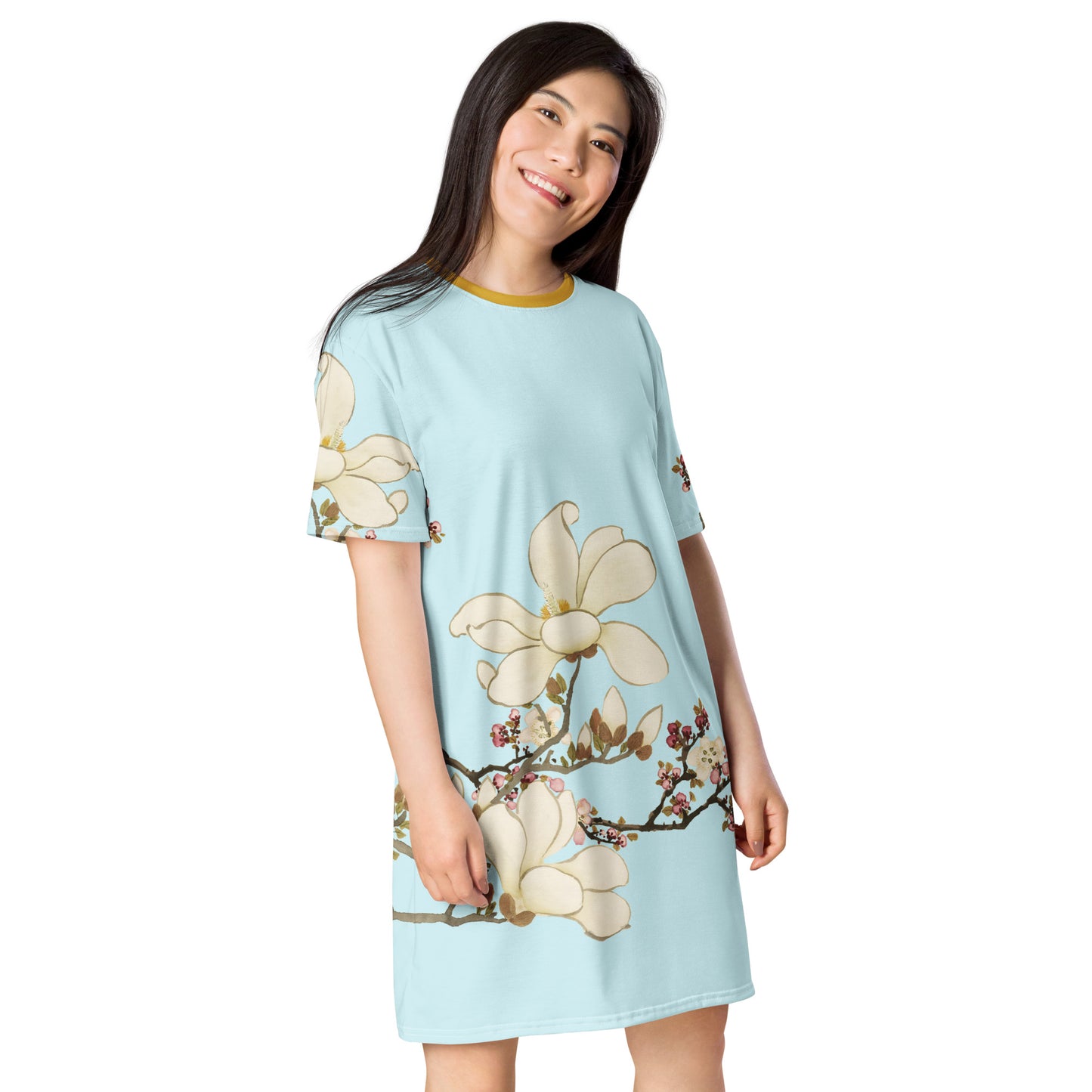 The Spirit of Flowers in Twelve Months｜Apricot and Lily Magnolia in Blossom｜T-shirt dress｜Aqua blue