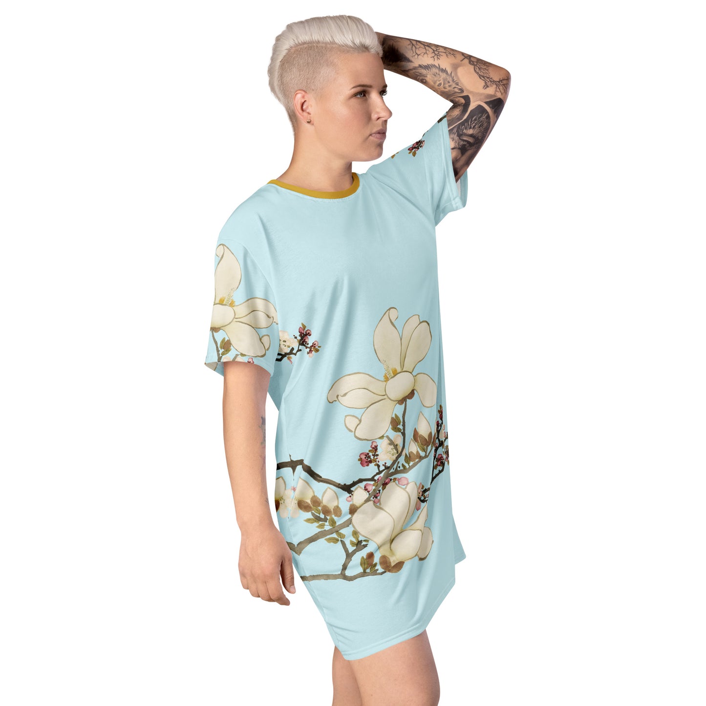 The Spirit of Flowers in Twelve Months｜Apricot and Lily Magnolia in Blossom｜T-shirt dress｜Aqua blue