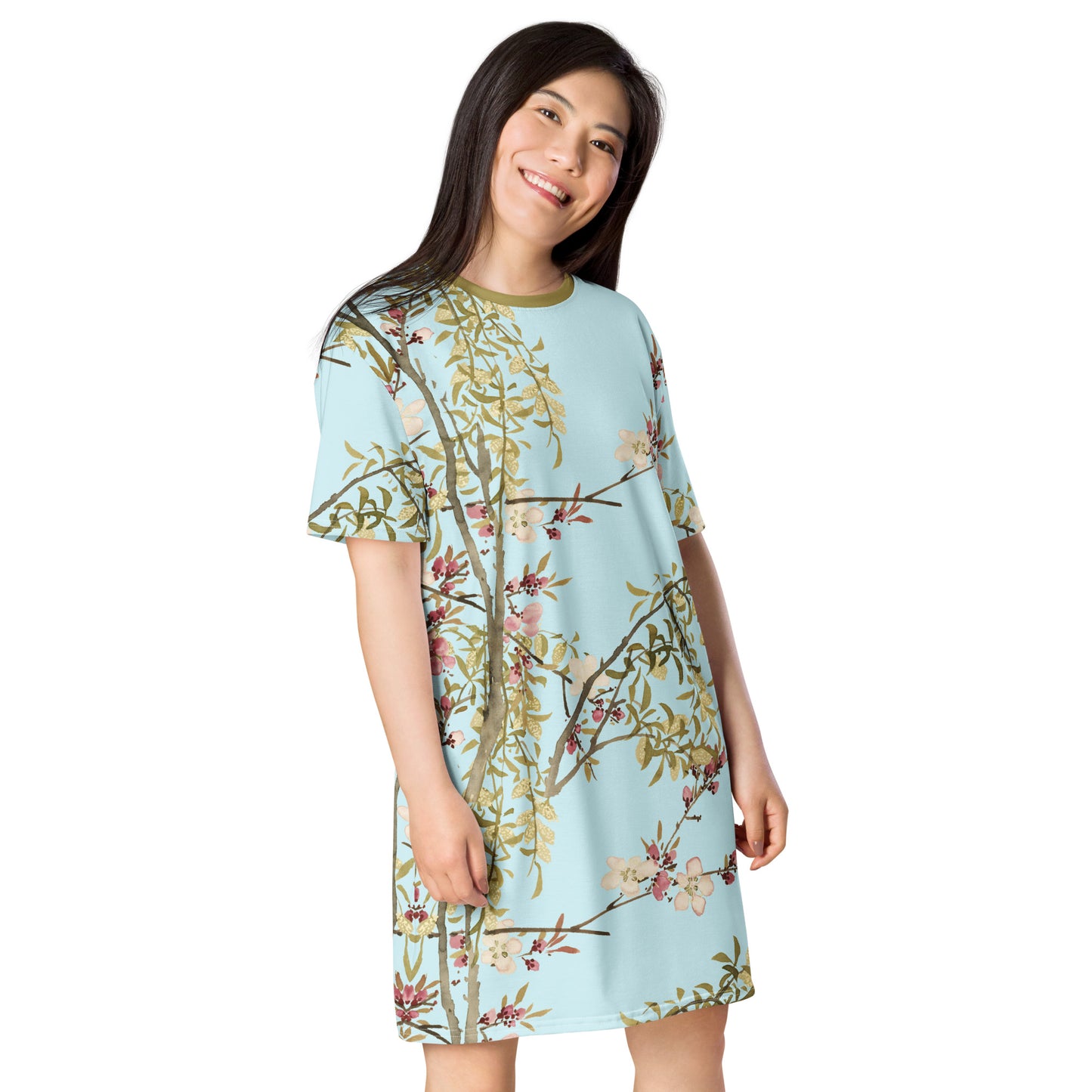 The Spirit of Flowers in Twelve Months｜Willow and Peach Blossom｜T-shirt dress｜Aqua blue