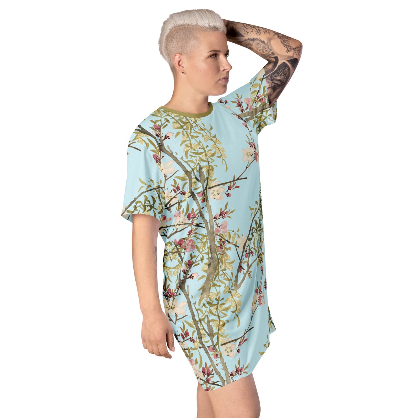 The Spirit of Flowers in Twelve Months｜Willow and Peach Blossom｜T-shirt dress｜Aqua blue