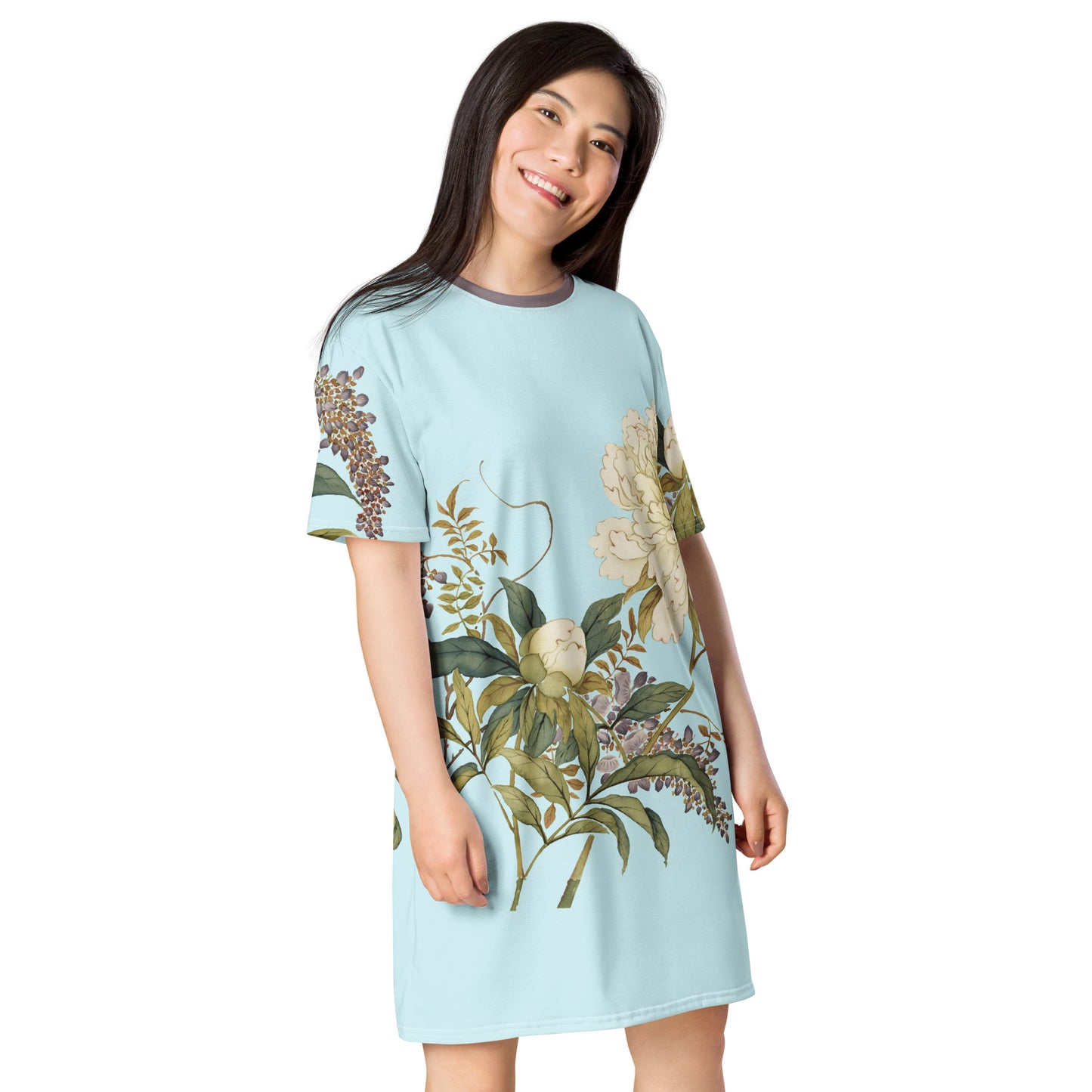 The Spirit of Flowers in Twelve Months｜Chinese Peony and Wisteria in Bloom｜T-shirt dress｜Aqua blue