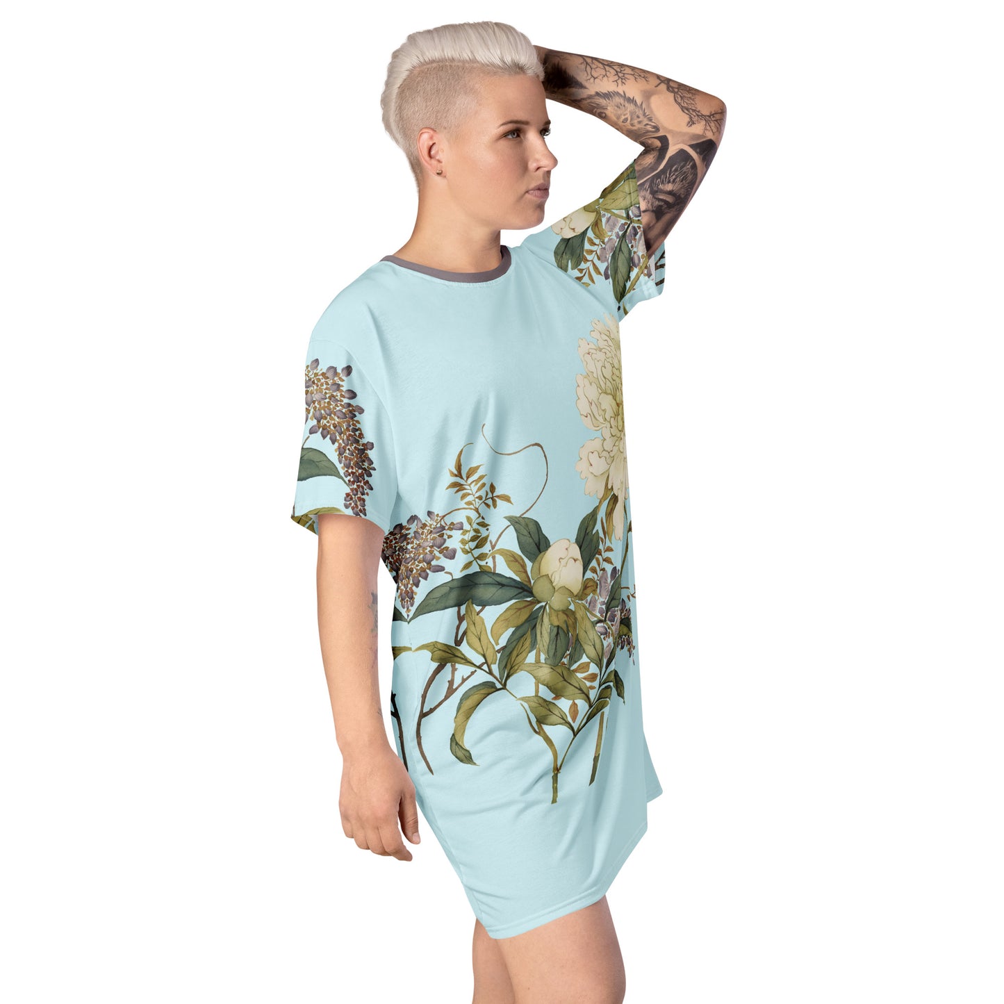 The Spirit of Flowers in Twelve Months｜Chinese Peony and Wisteria in Bloom｜T-shirt dress｜Aqua blue