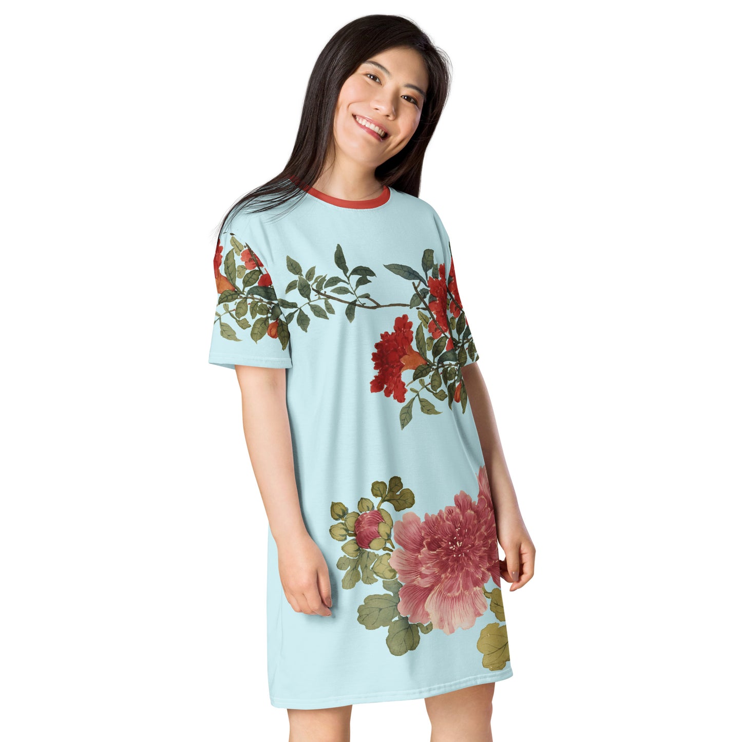 The Spirit of Flowers in Twelve Months｜Hollyhock and Pomegranate in Bloom｜T-shirt dress｜Aqua blue